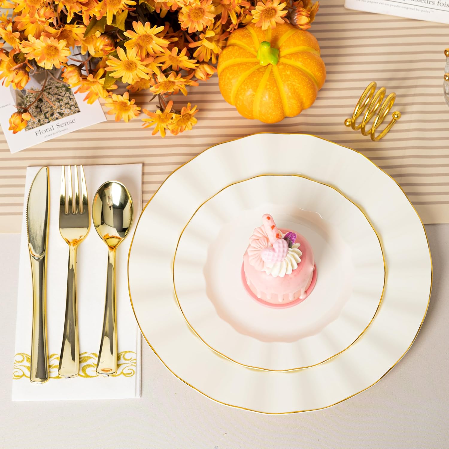 PREMIUM 180 Pcs Ivory Wave Plastic Plates with Gold Trim, Fancy Disposable Dinnerware Set with Foil Stamped Napkins, Elegant Disposable Plates and Utensils Set For Party, Thanksgiving (30 Guests)