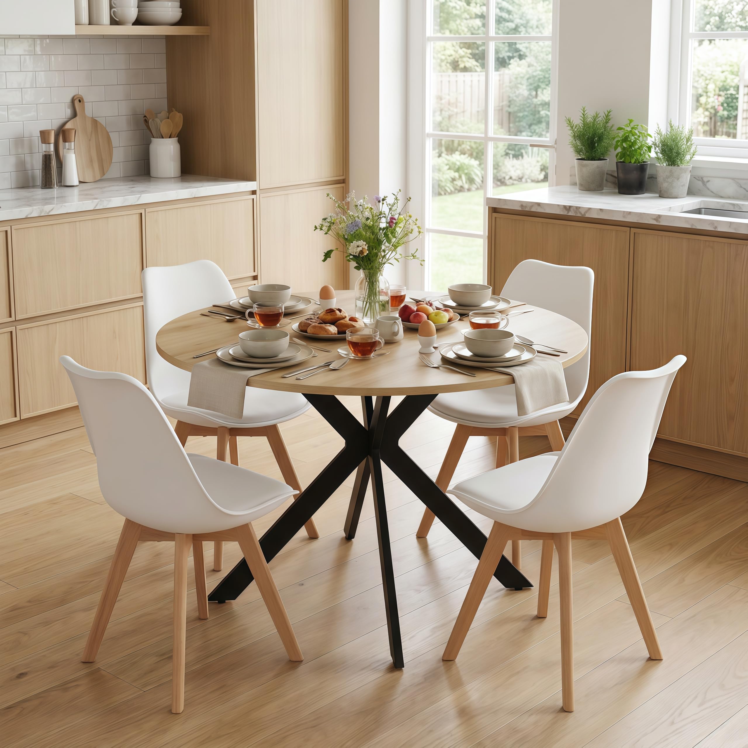 Set de Mesa y Sillas de Comedor, Mesa Redonda 100cm con 4 Sillas Blanco Estilo Escandinavo, Conjunto para Cocina, Salón o Comedor, Medidas: Mesa 100x100x75 cm, Sillas 56×46×82 cm