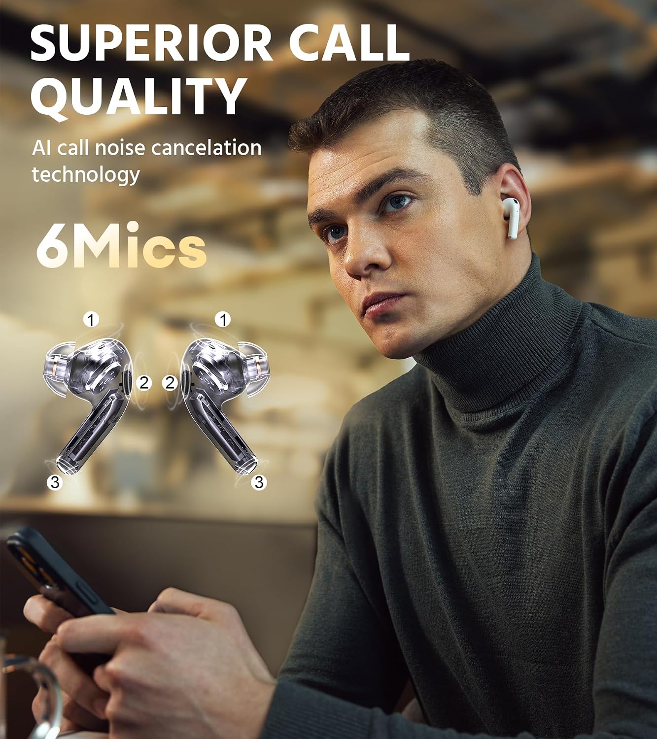 Man using Edifier W260NC earbuds for a call