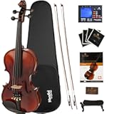 Mendini By Cecilio 3/4 Violin For Beginners, Black Solid Wood - Flamed Acoustic Violins Set with Case, Tuner, Shoulder Rest, Bow, Rosin, Bridge & Strings