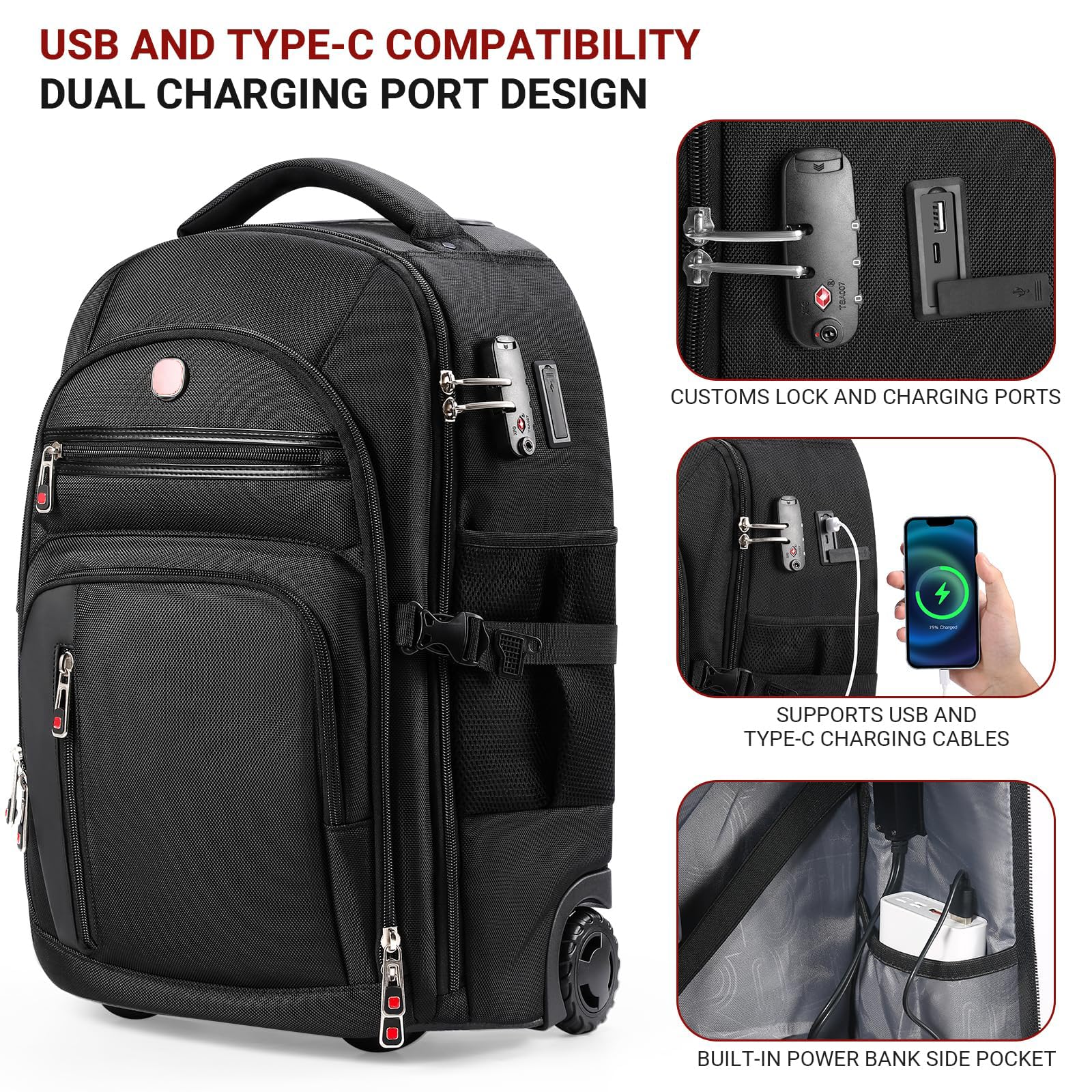 star cloud Mochila con ruedas, puertos de carga USB y tipo C, 21 x 14 x 9 pulgadas, Negro, 17.3 INCH, Mochilas de viaje