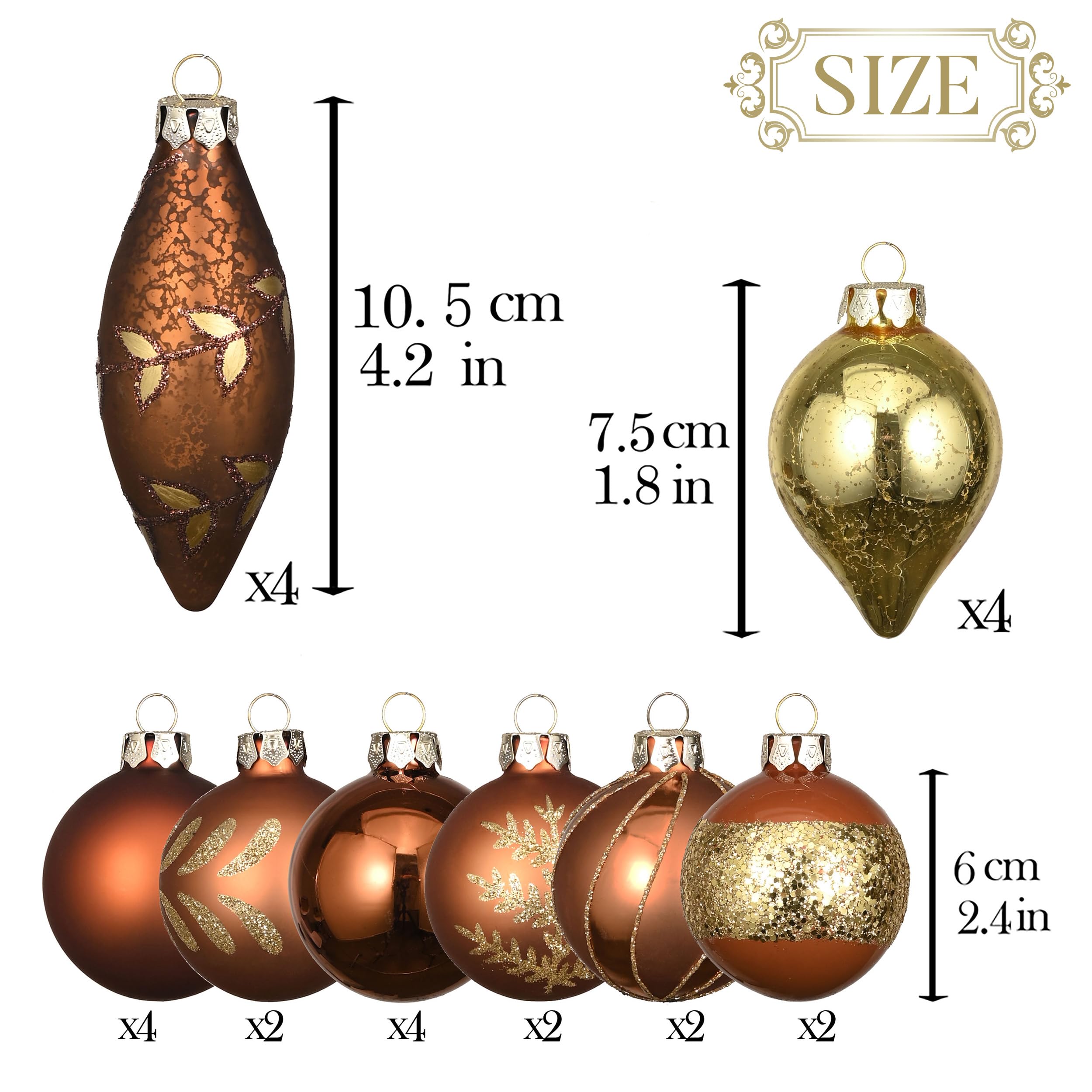 VALERY MADELYN 24 Piezas Bolas de Navidad de Cristal, 6-10.5cm Bolas de Árbol con Percha Decoración de Navidad Bosque Cobre Marrón
