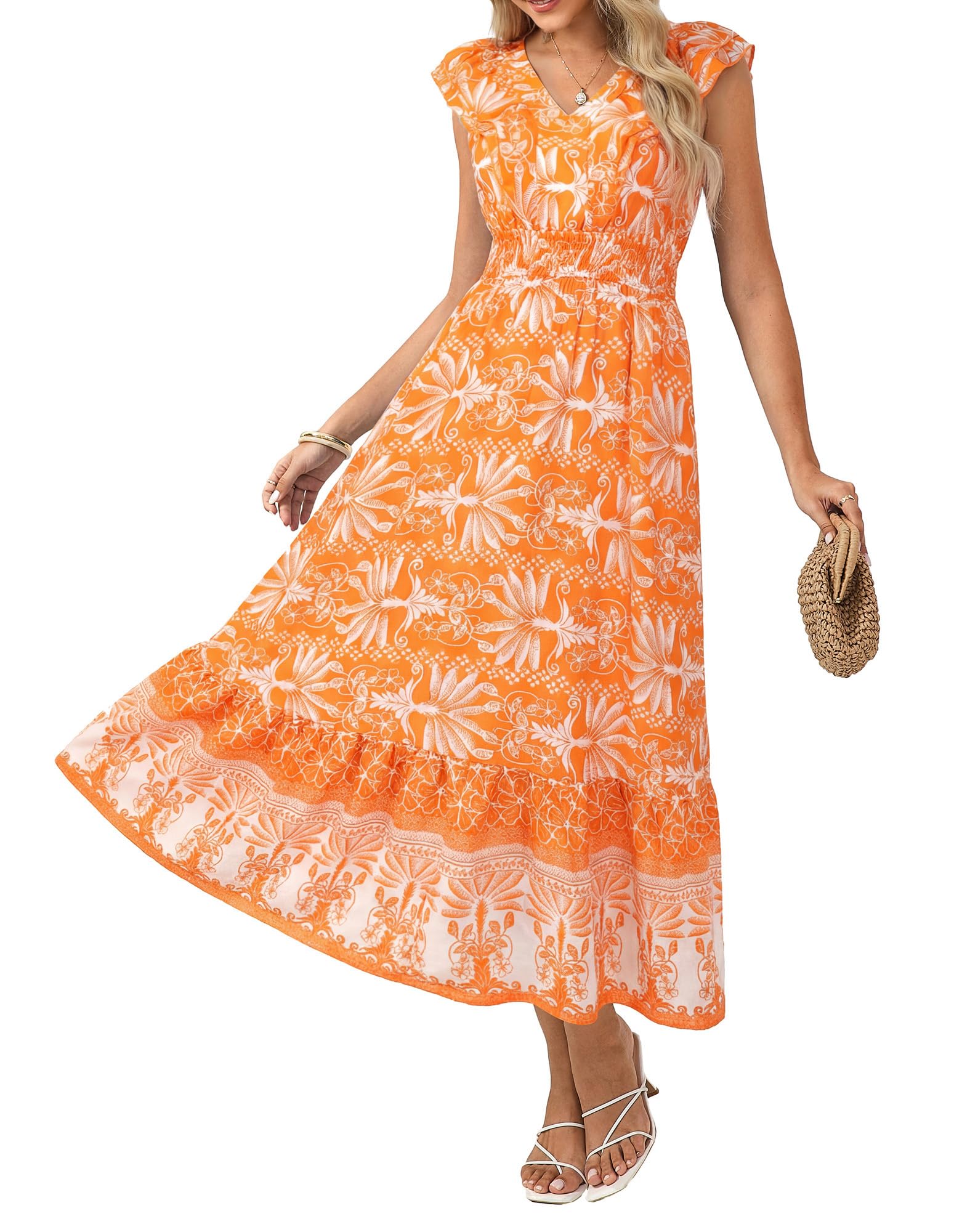 GRACE KARIN Women's 2026 Summer Floral Midi Dress,V Neck Ruffle Cap Sleeve Dresses,Flowy Wedding Vacation Beach Dresses Orange White M
