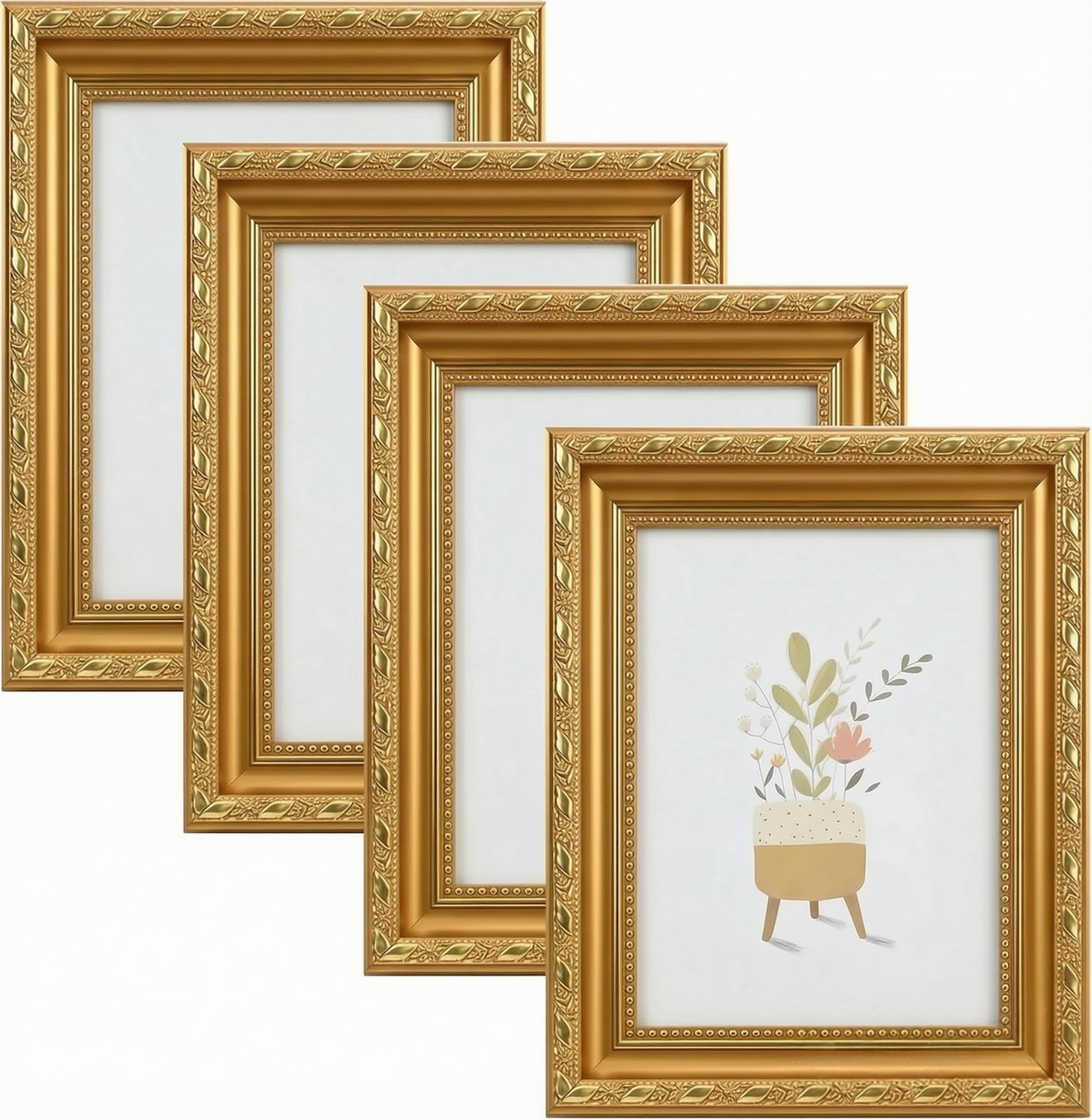 4 Pack Gold Photo Frames 6x8 Inch - Vintage Ornate Picture Frames Set for Wall Mounting or Tabletop - Classic Gold Frames for 15x20cm Photos, Gallery Wall, Weddings & Home Decor (8X6)