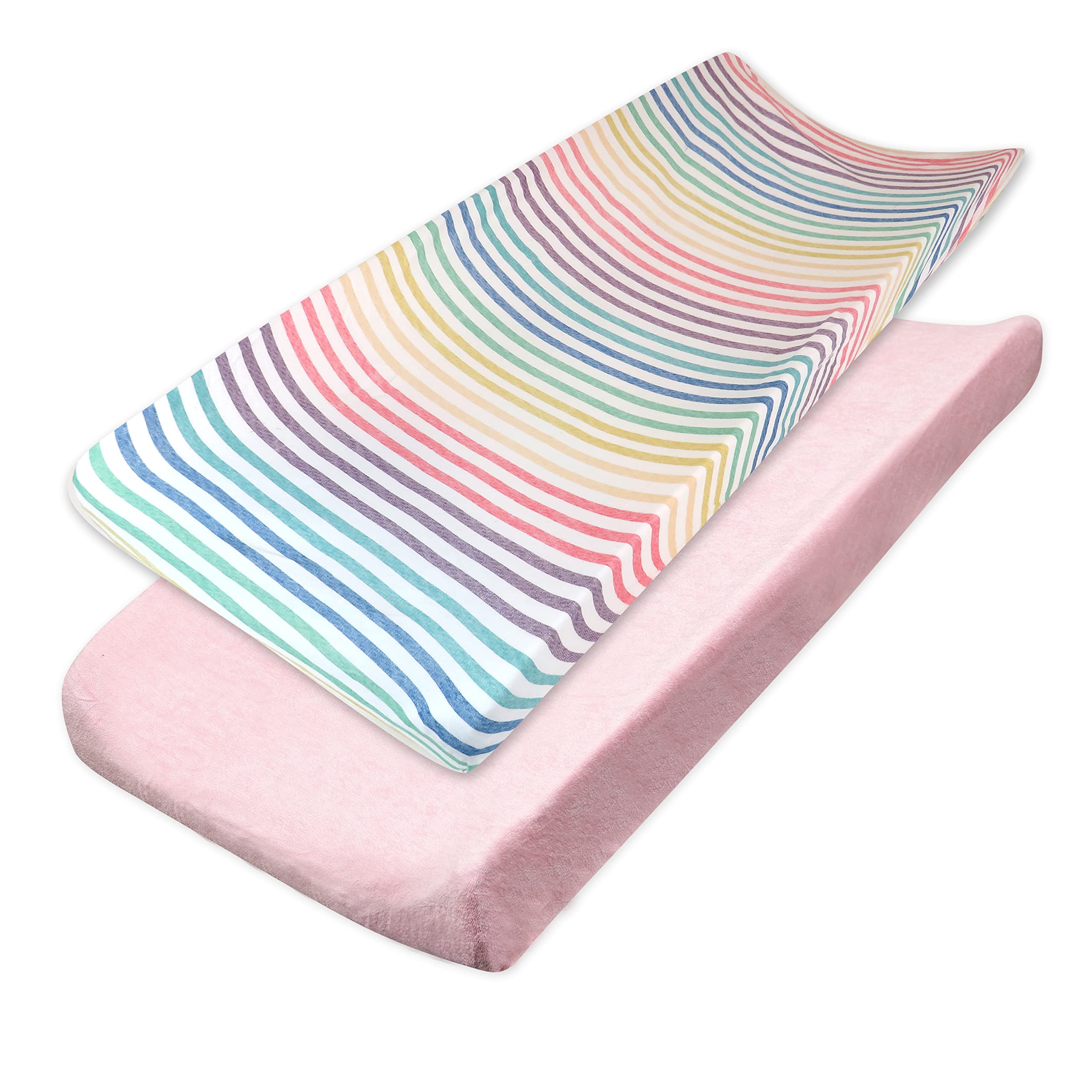 HonestBaby D2BDR Lot de 2 housses de matelas à langer en coton bio imprimé et tissu éponge, rayures arc-en-ciel, taille unique