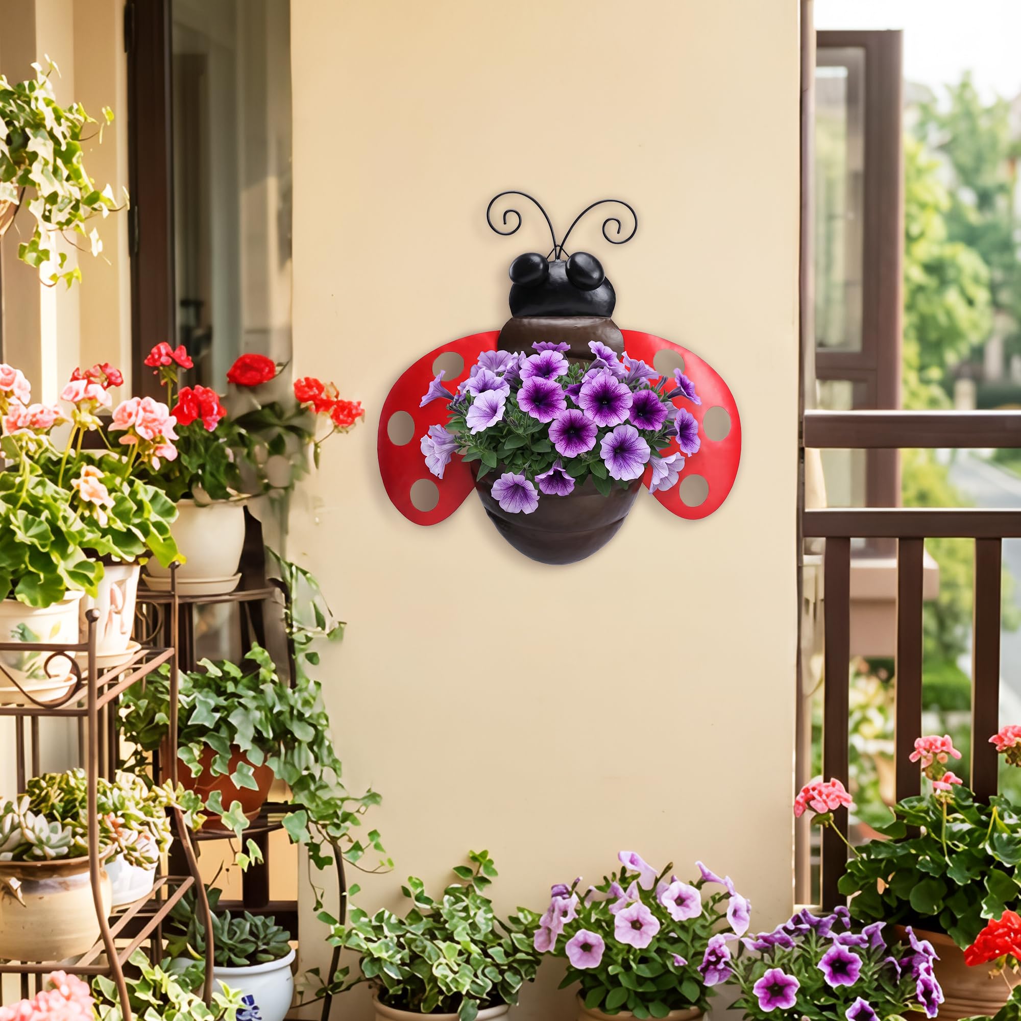 Macetero de pared de metal con diseño de mariquita, maceta colgante para suculentas con drenaje