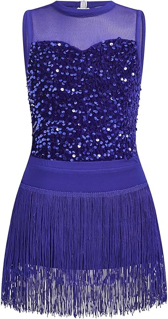 IBAKOM Girl Fringe Latin Jazz Dance Outfits Sparkly Sequins Leotard Tassel Mini Skirt Kids Cutout Back Hip Hop Dance Dress