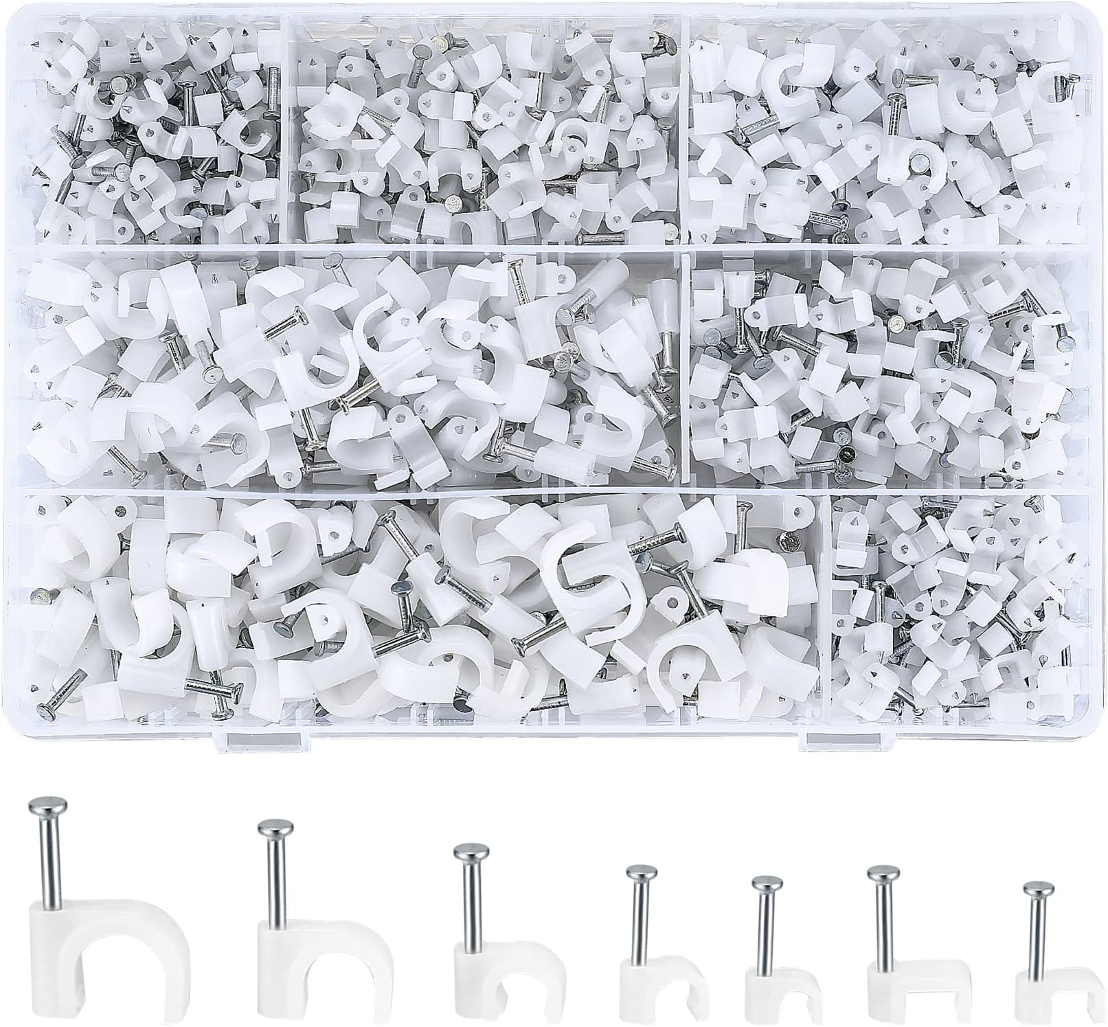 700 Pcs Cable Clips with Steel Nails, Cable Wire Cord Management Clips, White Ethernet Cable/Coax Cable/Cable Cord Holder Staples Clips with Tacks Nails for Wall, 4mm 5mm 6mm 8mm 10mm