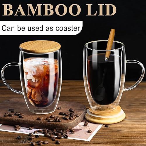 Miniatura 3 de PARACITY Tazas de café de vidrio de doble pared de 16 onzas con tapacuchara de bambú, juego de 2 tazas de café de vidrio con asa, taza de café