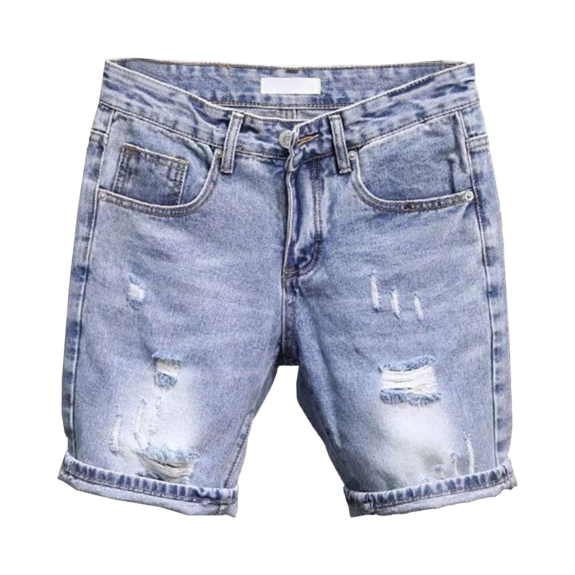 Men's Street Style Jean Shorts Fashion Ripped Knee Lenght Half Jeans Distressed Classic Fit Frayed Short Jean Pants