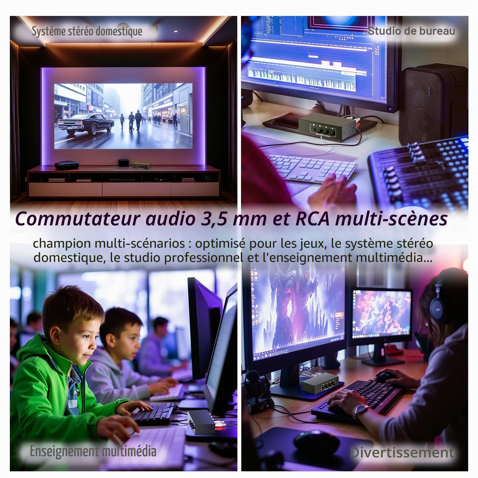 BolAAzuL Commutateur Audio Stéréo RCA Bidirectionnel 4 Entrées 1 Sortie/1 Entrée 4 Sorties, Répartiteur Audio Stéréo 3.5mm Aux + RCA L/R, sans Alimentation Nécessaire, Boîte de Sélection Audio Passif