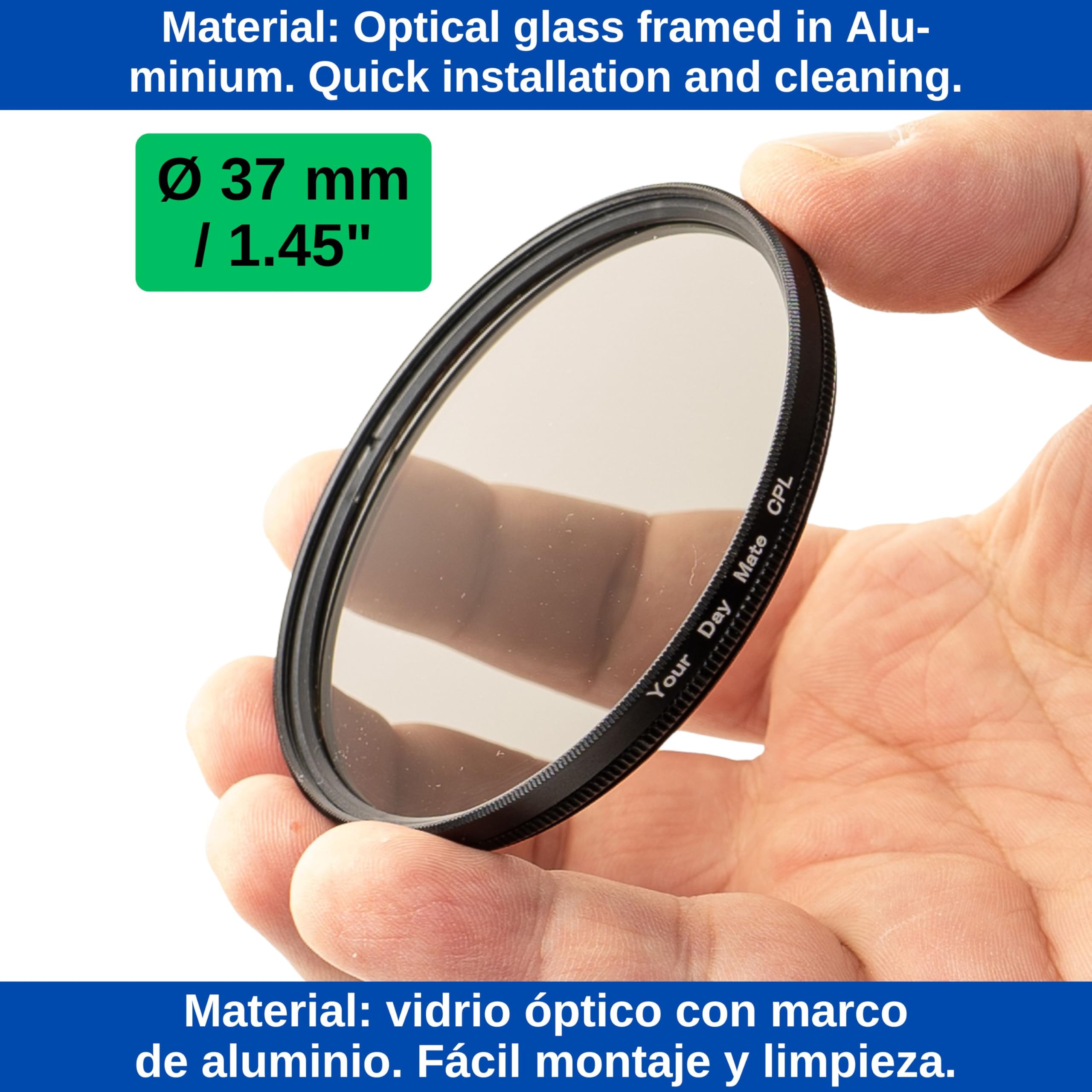 Filtr polaryzacyjny CPL Ø 37 mm, minimalizuje odbicia, poprawia przejrzystość optyczną i wierność kolorów, okrągłe filtry polaryzacyjne z aluminiowym uchwytem, chroni obiektyw aparatu