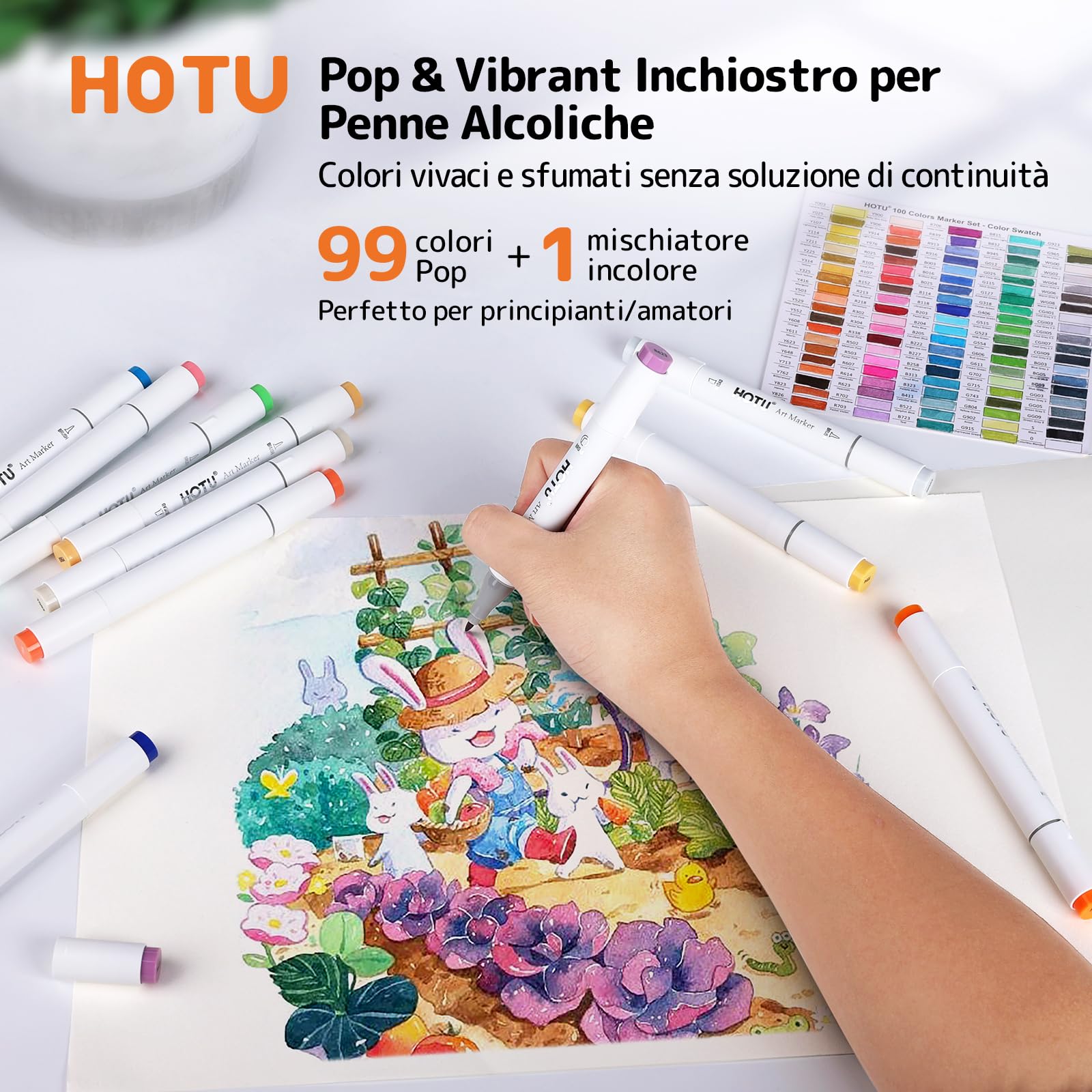 HOTU Pennarelli ad Alcool, [per Principianti] 100 Colori Vivaci e Set di Pennarelli Artistici a Doppia Punta per Colorare e Disegnare per Adulti, con Inchiostro Professionale, Sfumatura Senza Cuciture
