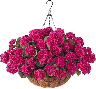 INSPRING Geraniums Artificial Flowers Hanging Basket for Outdoors Outside Decoration, 8 Bundles Silk Flowers Fake Plants Look Real UV Resistant for Porch Home Patio Balcony Yard, Fuchsia