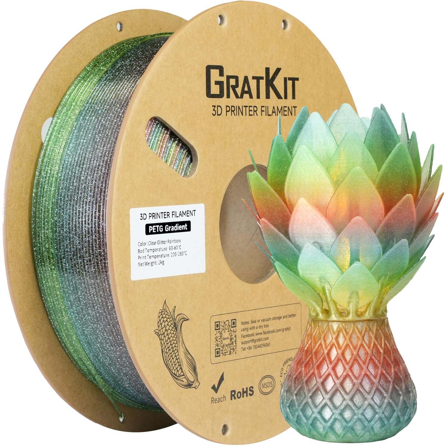 GratKit Glitter Rainbow PETG, Color Change Transparent PETG, 1.75mm, 1KG