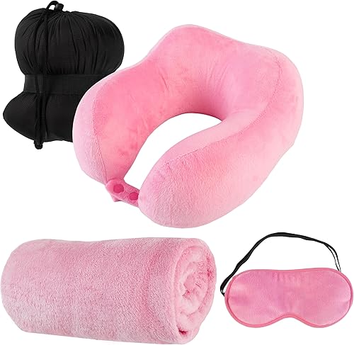 Home-Complete Juego de almohadas de viaje, almohada de espuma viscoelástica, manta de vellón y máscara de ojos, esenciales de viaje para aviones,
