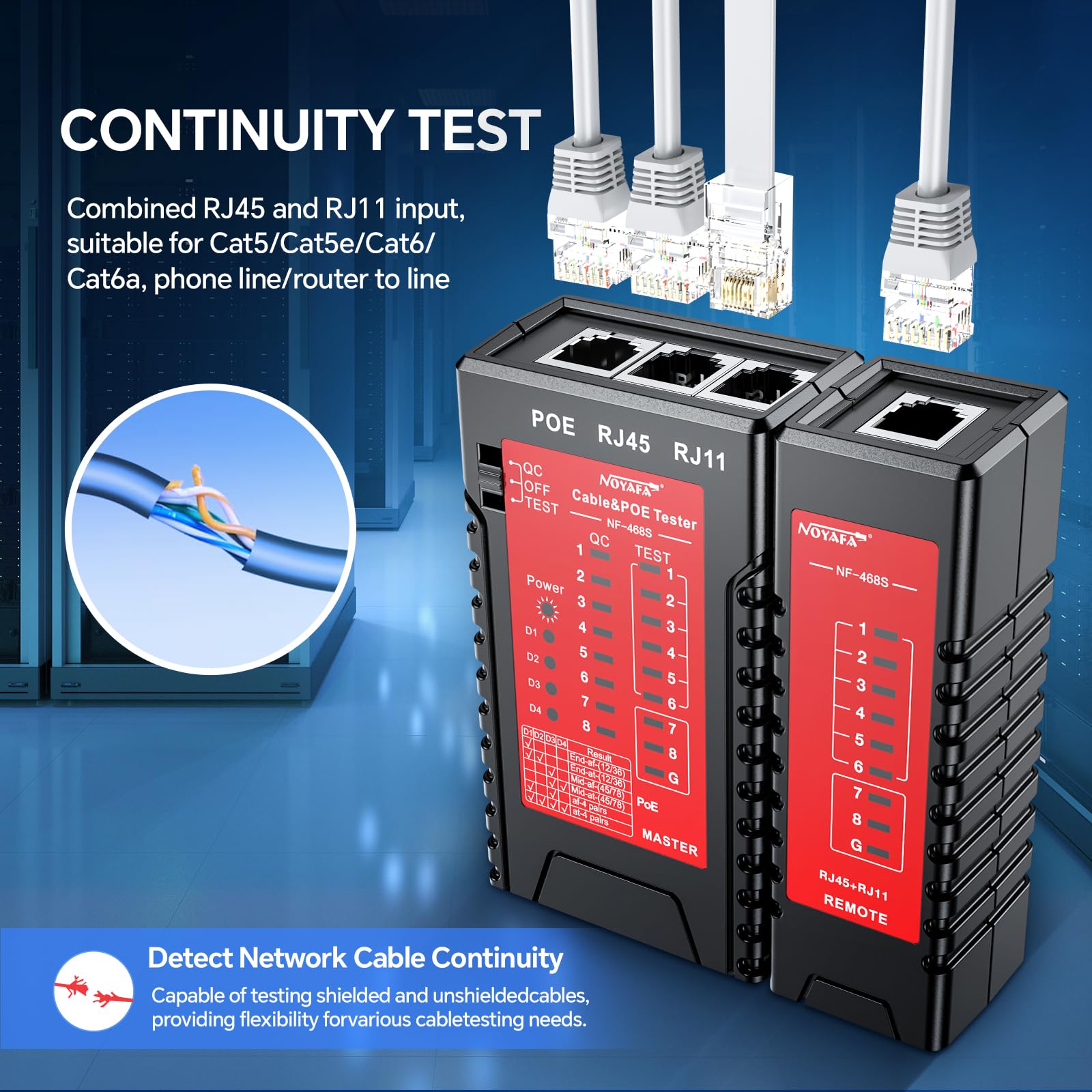 NOYAFA Testeur de câble réseau NF-468S, testeur de câble Ethernet RJ12 RJ11 RJ45 pour CAT5, CAT5E, CAT6, CAT6A, POE, testeur de continuité UTP/STP, toner, ligne téléphonique, câble CAT3, outils réseau