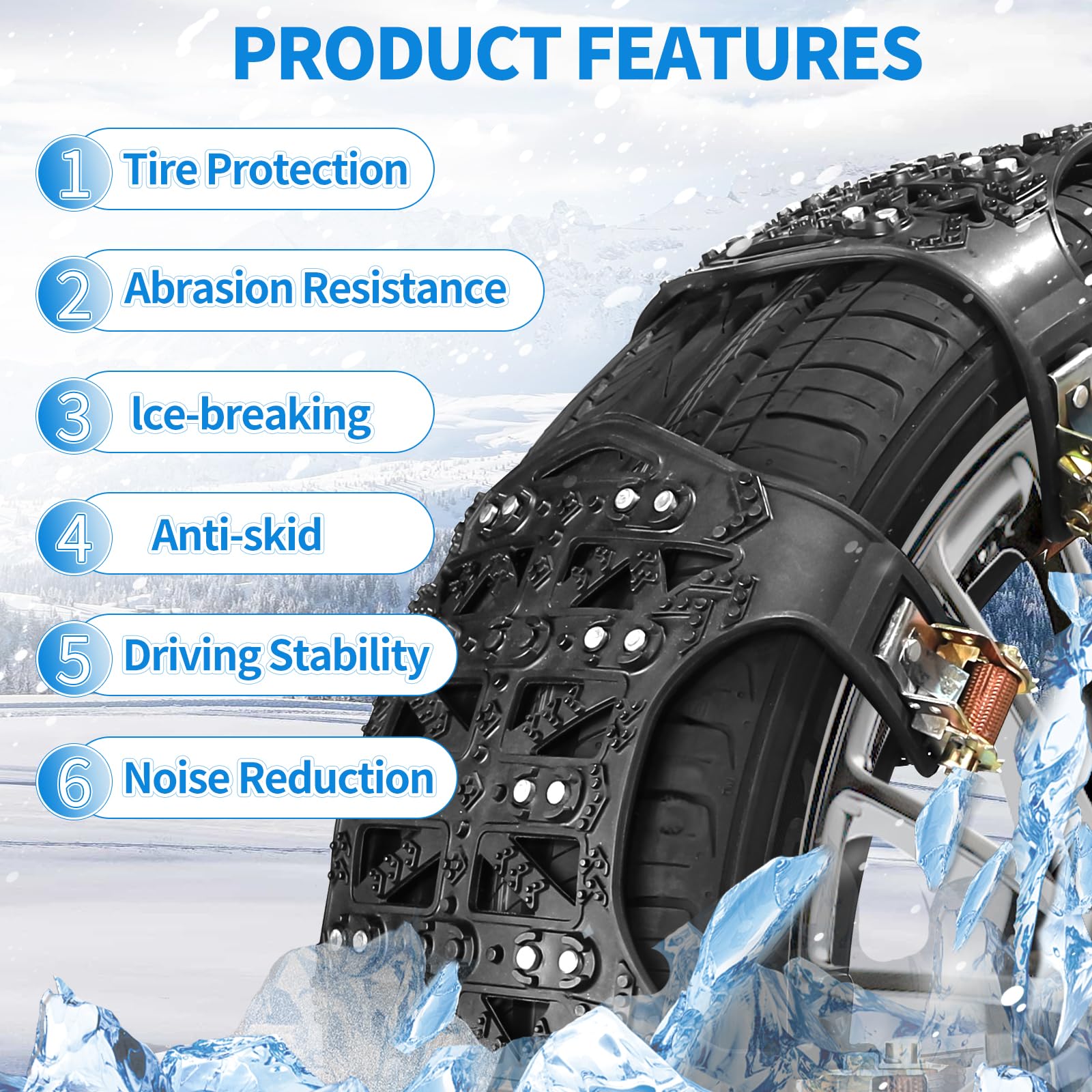 DBREAKS Catene da Neve Universali, 6 Pezzi Catene per di Emergenza, 165-275MM Catene da Neve Auto per Ghiaccio(Nero)