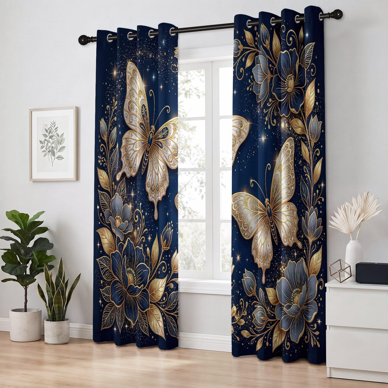 Luksusowe eleganckie zasłony zaciemniające do sypialni, 2 panele szer. 140 x dł. 250 cm, białe złoto, motyl, królewski błękit, zasłony zaciemniające do salonu, zasłony na przelotkach, izolacja
