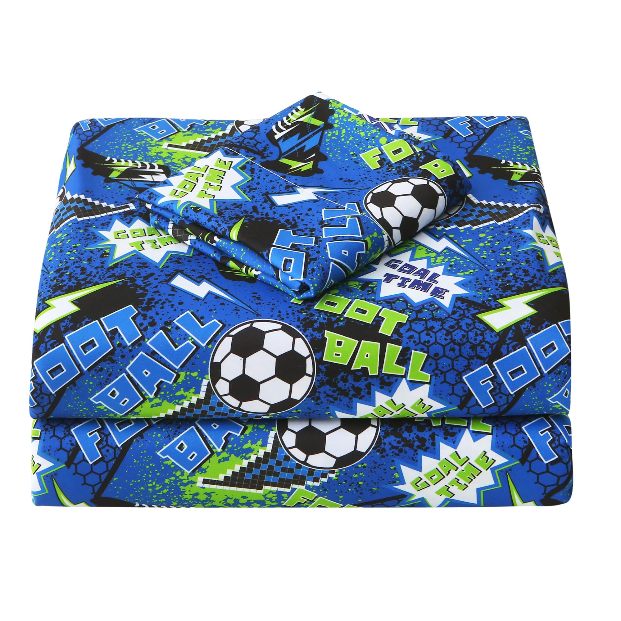 Viviland 3 Pieces Boys Soccer Twin Sheet Set - Soft Microfiber Fitted Flat Sheets &amp; Pillowcase Bed Sheet Set - Navy Football Print Bedding Sets for Kids