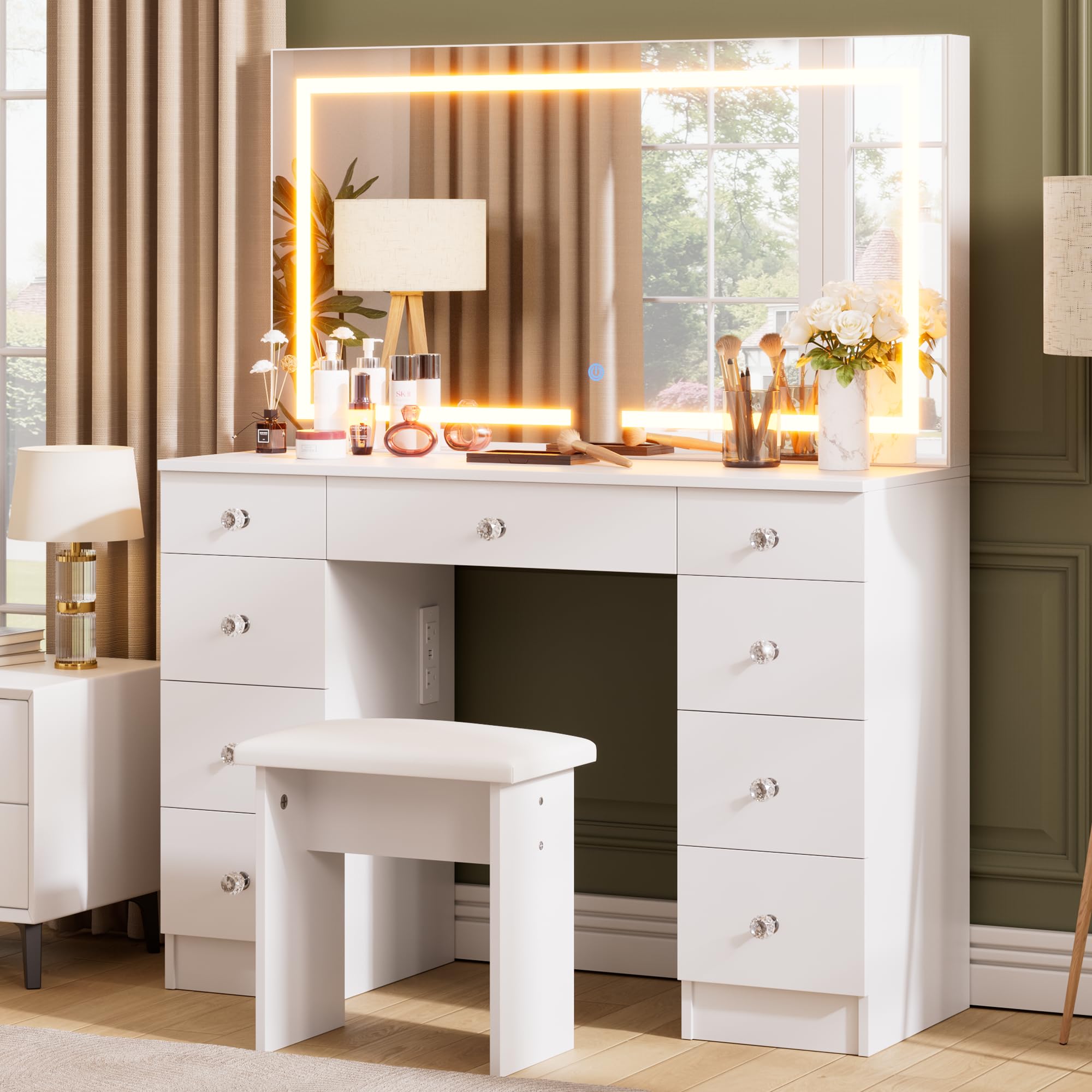 SMOOL Vanity with Mirror and Lights - Vanity Desk with Power Outlet and 9 Drawers, 3 Color Lighting Modes, Adjustable Brightness, Makeup Vanity with