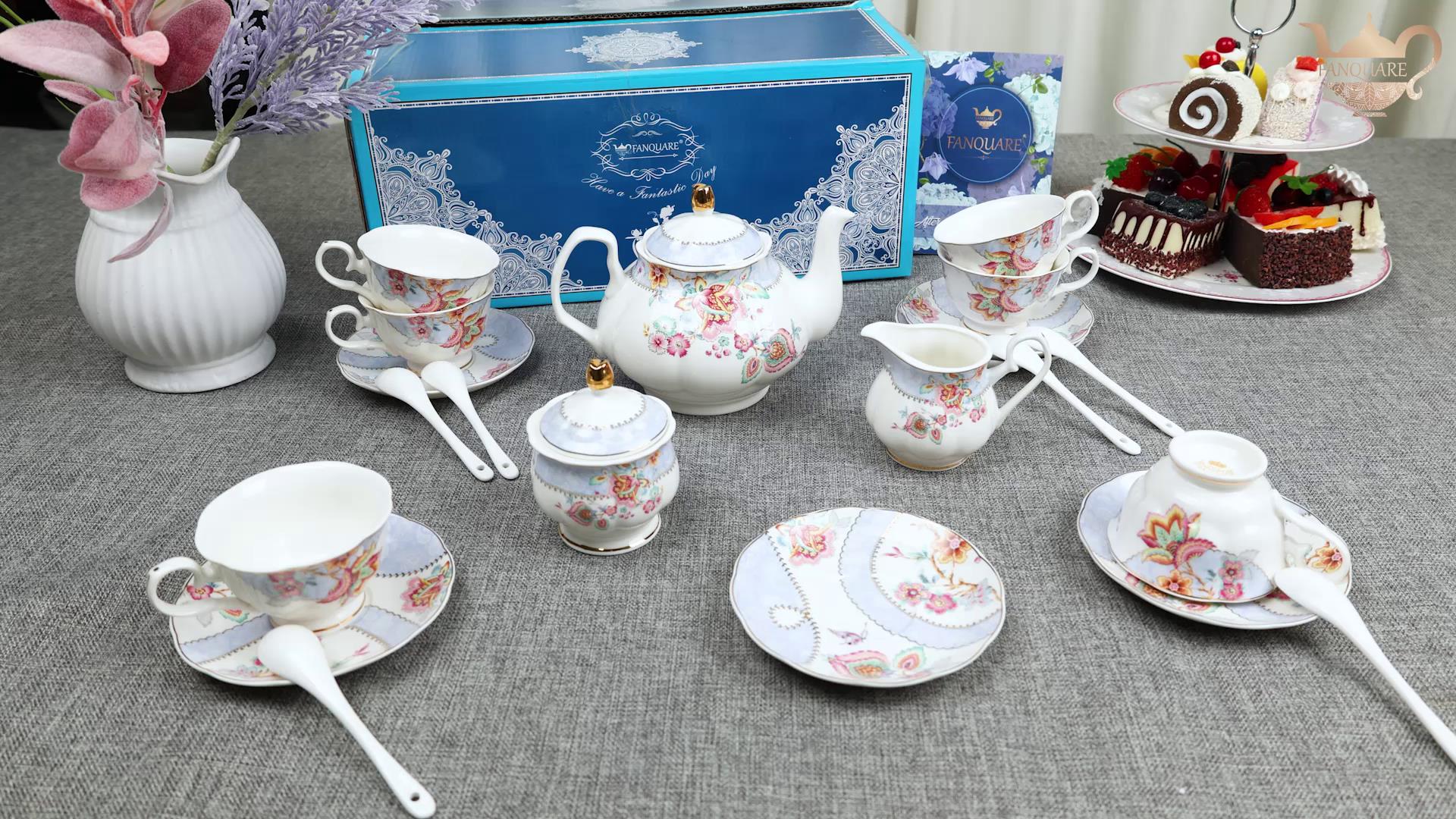 fanquare Juego de Té de Porcelana con Flores Moradas, Juego de Taza y Plato de Té, Juego de Té para 6 Personas, Tetera… - Imagen 8