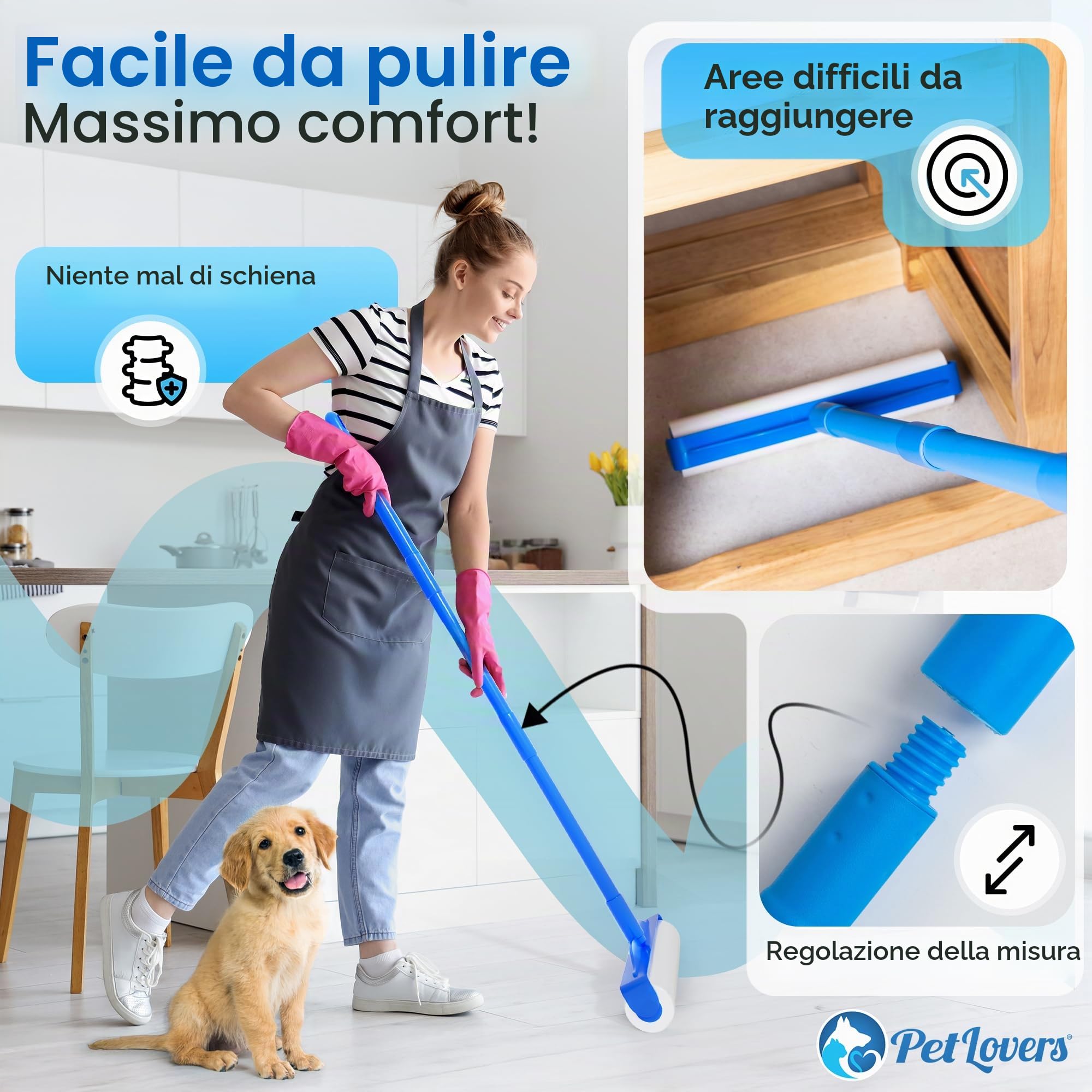 Rullo Rimuovi Peli PetLovers Large con 3 Ricariche – 360 Fogli Totali per Affrontare i Peli degli Animali, Rullo Extra Large per Pavimenti e Tappeti per Case con Animali, Perfetto per Pavimenti