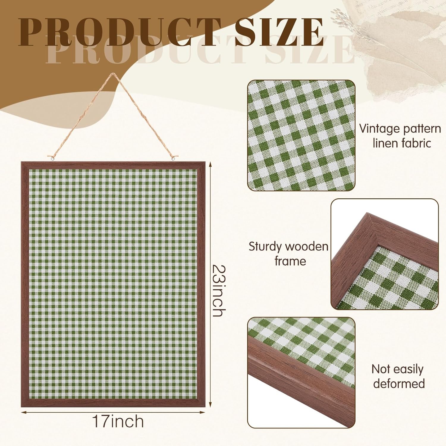 Leinuosen 17 x 23 Cork Board for Walls Decorative Cork Boards Green Gingham Home Decor Small Linen Bulletin Board Framed with Pins for Home Room School Office Decor