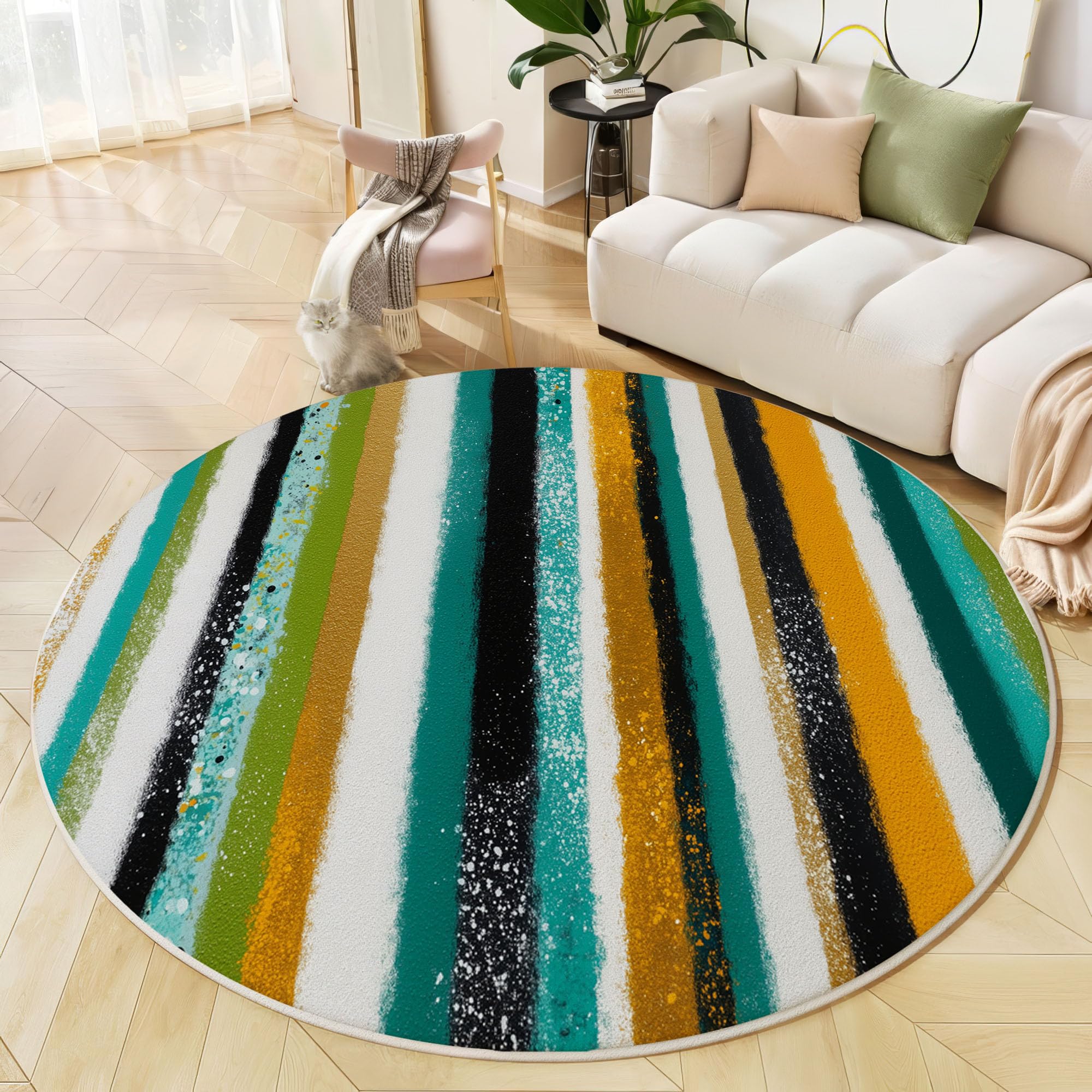 Tapis Rond 120cm Rayures D'Éclaboussures D'Encre Pour Chambre | Texture De Graffiti Peinte À La Main Rond Tapis Antidérapant Lavable En Machine Cuisine Salon Adulte Interieur Bureau Cuisine Decoration