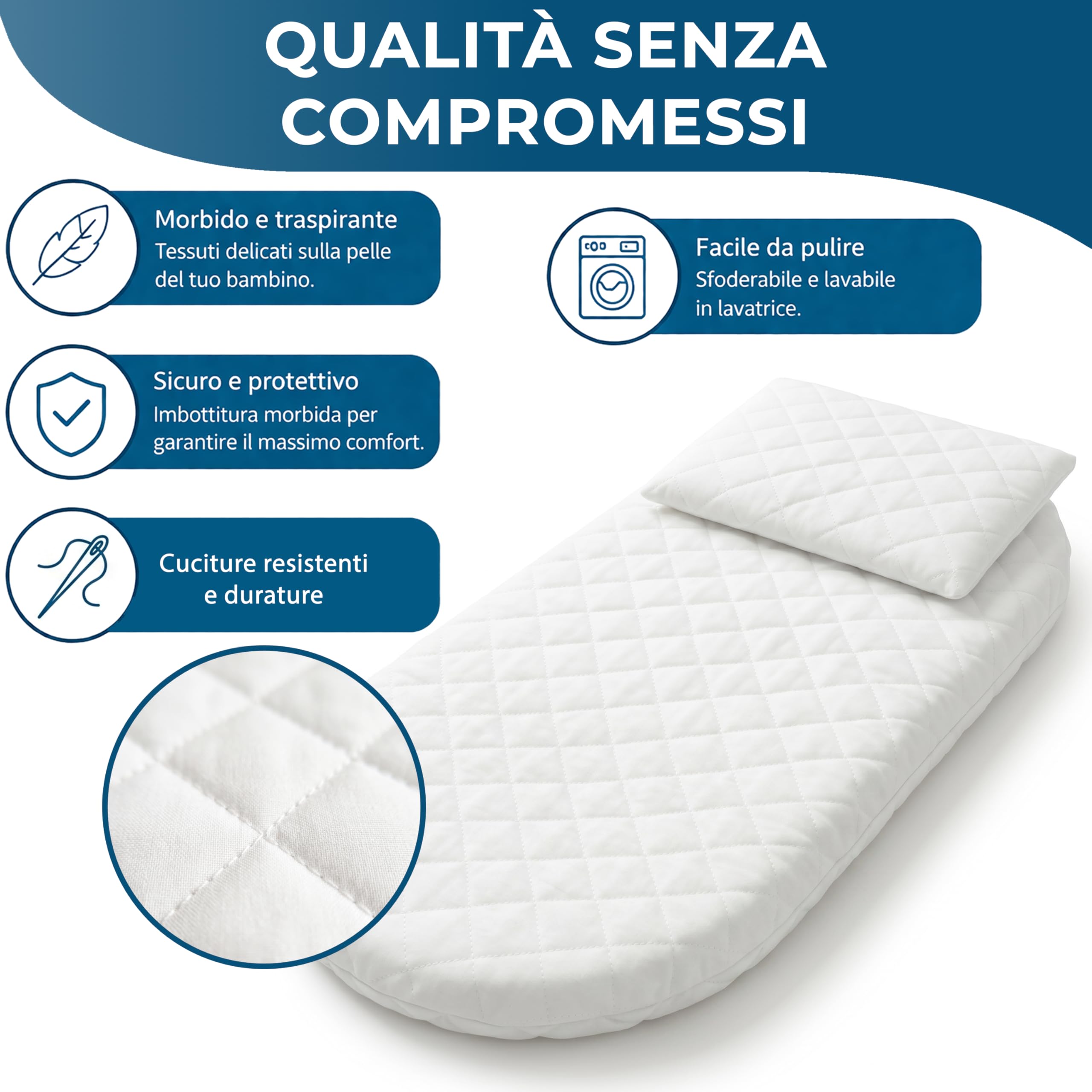 Manami® Materasso Culla e Navicella con Cuscino, Made in Italy, Cotone Trapuntato Sfoderabile, Materasso Carrozzina Traspirante per Neonato, 74x34x6 cm