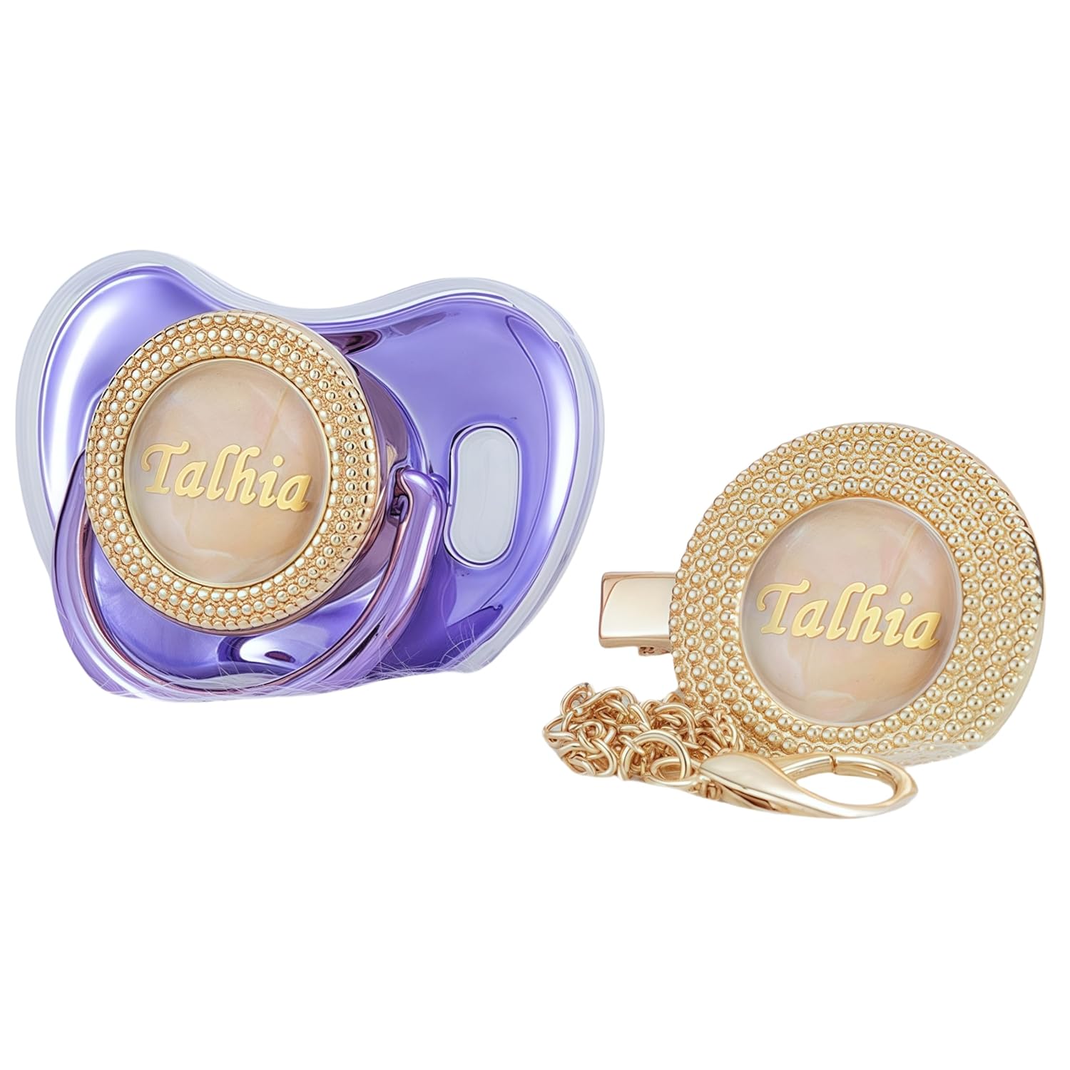 Personalized Any Name 18 Colors Gold Bling Pacifier and Pacifier Clip BPA Free Dummy Luxury Unique Design Pacifier PPG (Gold Blue)