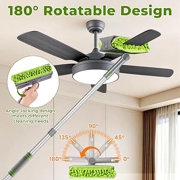 Ceiling Fan Cleaner Duster with 77 Extension Pole, 4-in-1 Reusable Microfiber & Chenille Fan Blade Cleaner, Bendable Fan Duster for Ceiling Fan Blade Blinds Baseboard Cobweb