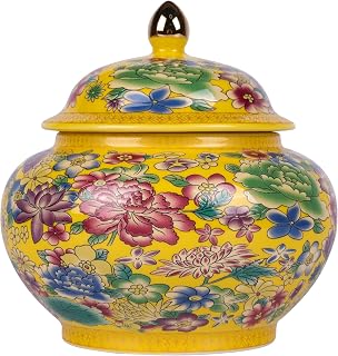 Classic Enamel Ginger Jar-Handcrafted Yuan and Ming Dynasty Inspired Designs, Vibrantly Colored Floral Motifs on Ceramic Vase, Decorative and Functional Jar with Lid(Flower Yellow)