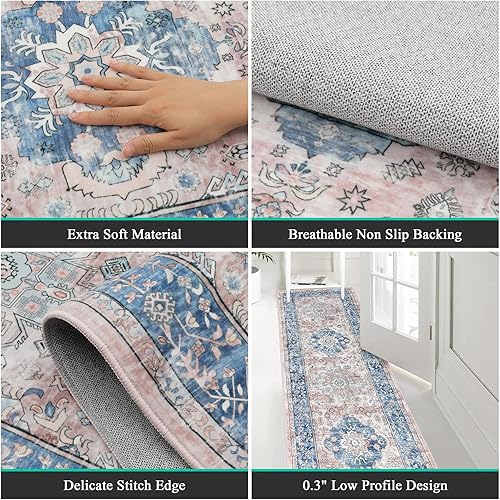 Miniatura 3 de Pauwer Alfombra de pasillo de 2 x 8 pies, alfombra bohemia lavable con parte trasera de goma, alfombra oriental antideslizante para pasillos,
