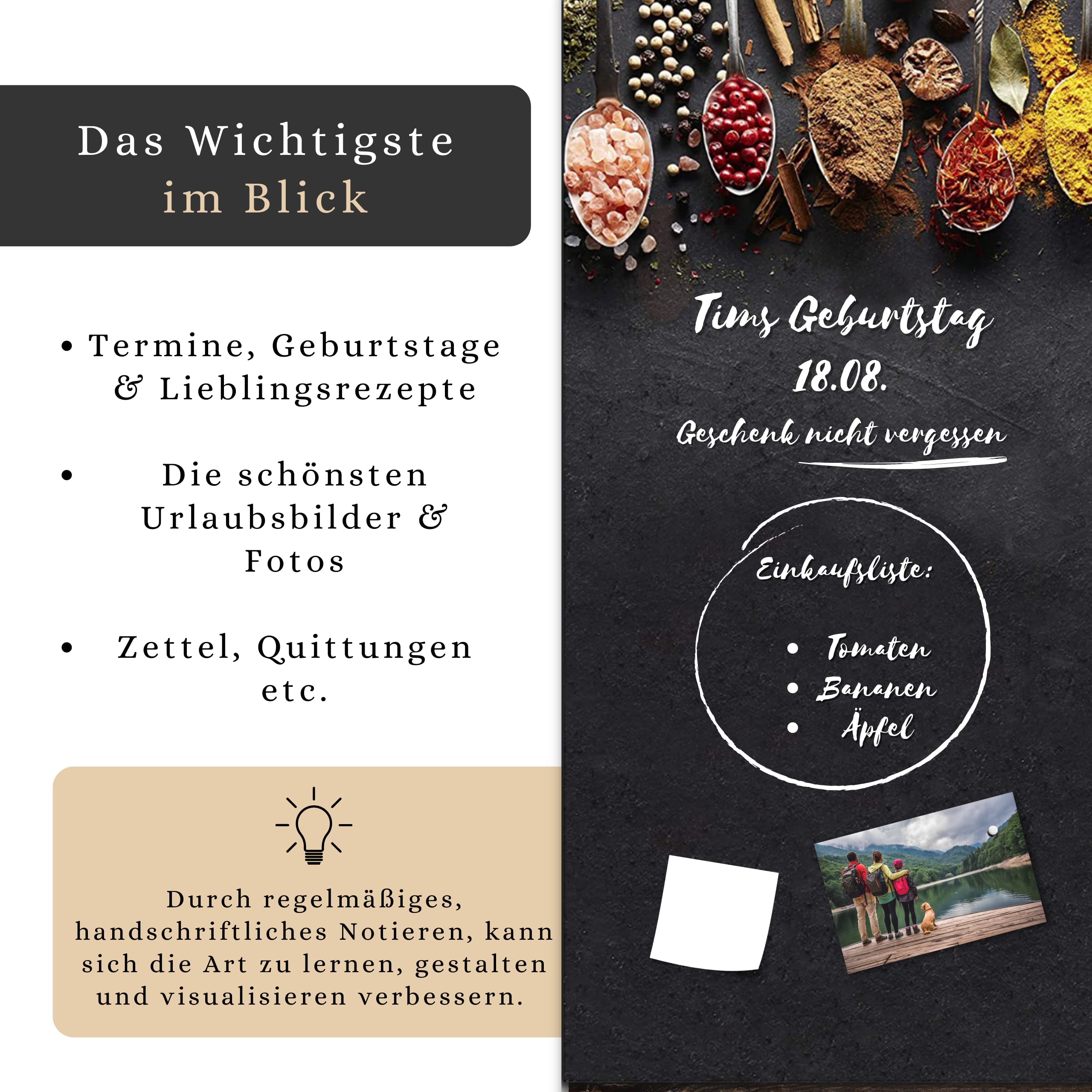 Memoboard Magnettafel Magnetpinnwand Magnetboard | Magnetwand hochkant zum Beschriften | Glas Küche rot schwarz Gewürze Küchenbild | nur für extra starke Magnete geeignet | Dark Spoons, L (30 x 60 cm)
