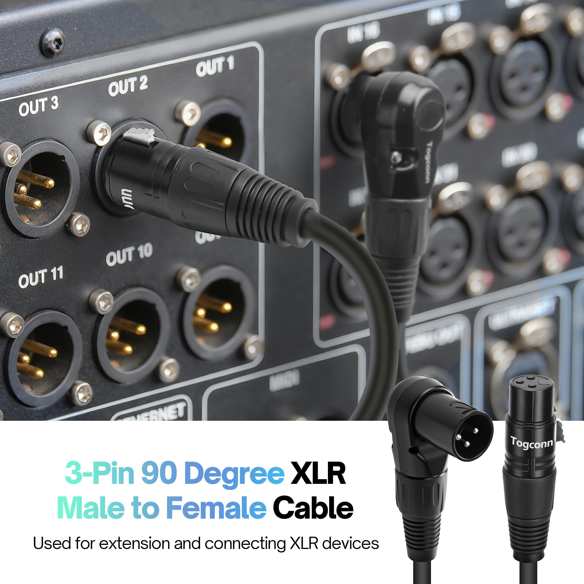 Paquete de 6 adaptadores de cable de extensión de micrófono XLR en ángulo recto de 0.6 pies, conector XLR macho a hembra recto de 3 pines para altavoz, estudio de grabación, mezclador de micrófono