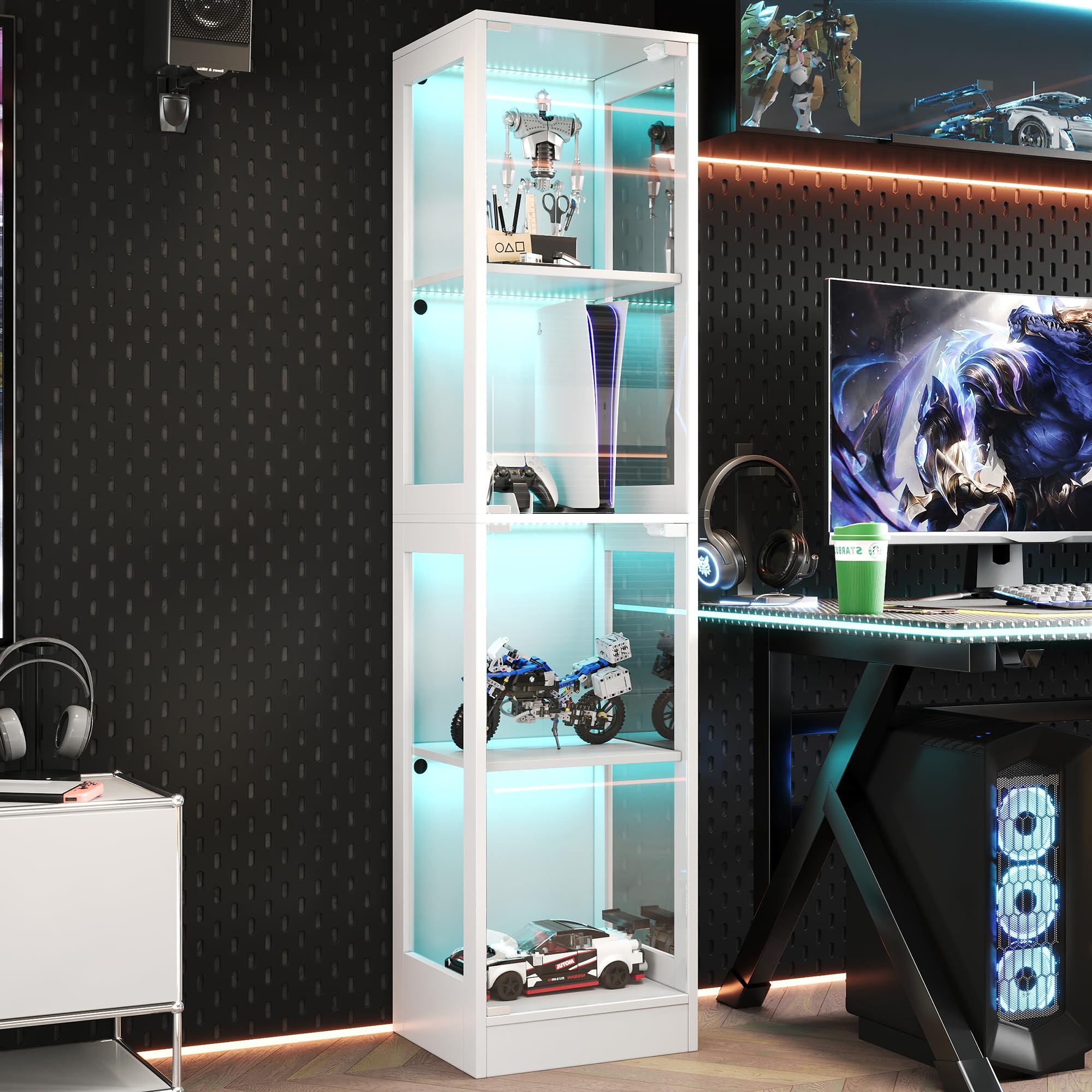 Vitrina de colección LED, cristal templado, 40 x 35 x 170 cm, puerta única, luz LED controlada por aplicación, cuatro pisos, puerta push-to-abierta, blanco minimalista