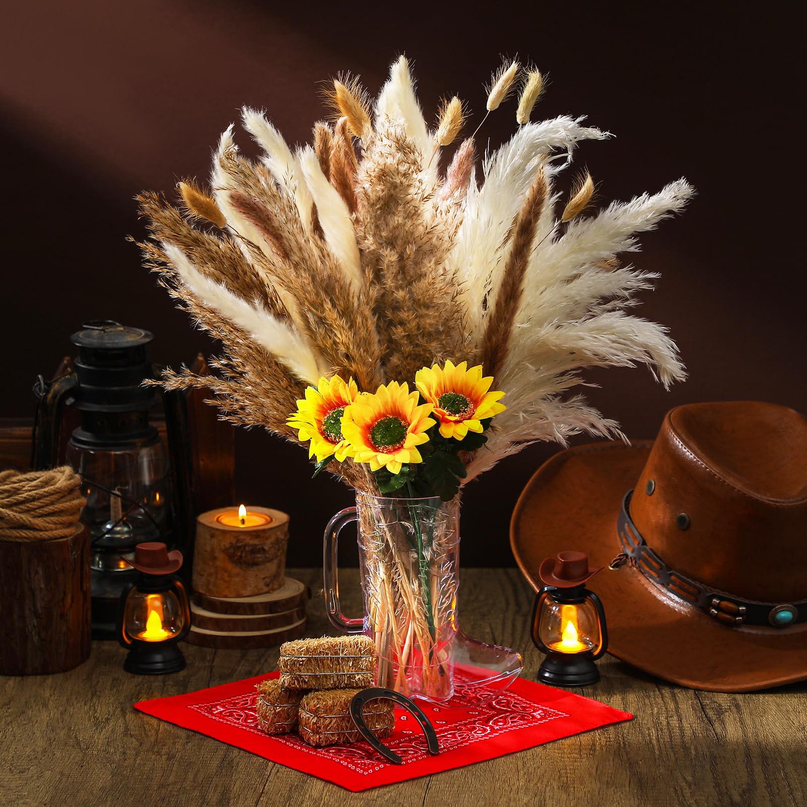 Sliner 78 pezzi centrotavola da cowboy occidentale, decorazioni per feste con vasi da cowboy, erba della pampa, girasoli artificiali, ferro di cavallo, mini balle di fieno, bandane, per feste