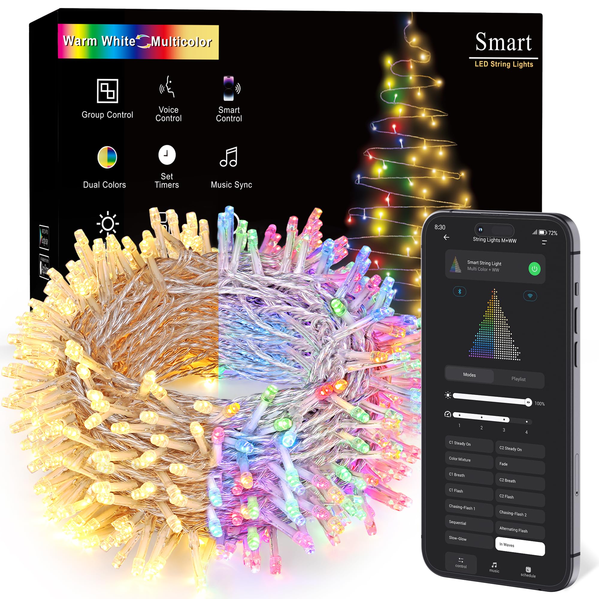 BrizLabs Smart Christmas Lights, 115FT 300 LED Fairy String Lights with App/Voice Control, Warm White & Multicolor Color Changing Christmas Tree Light