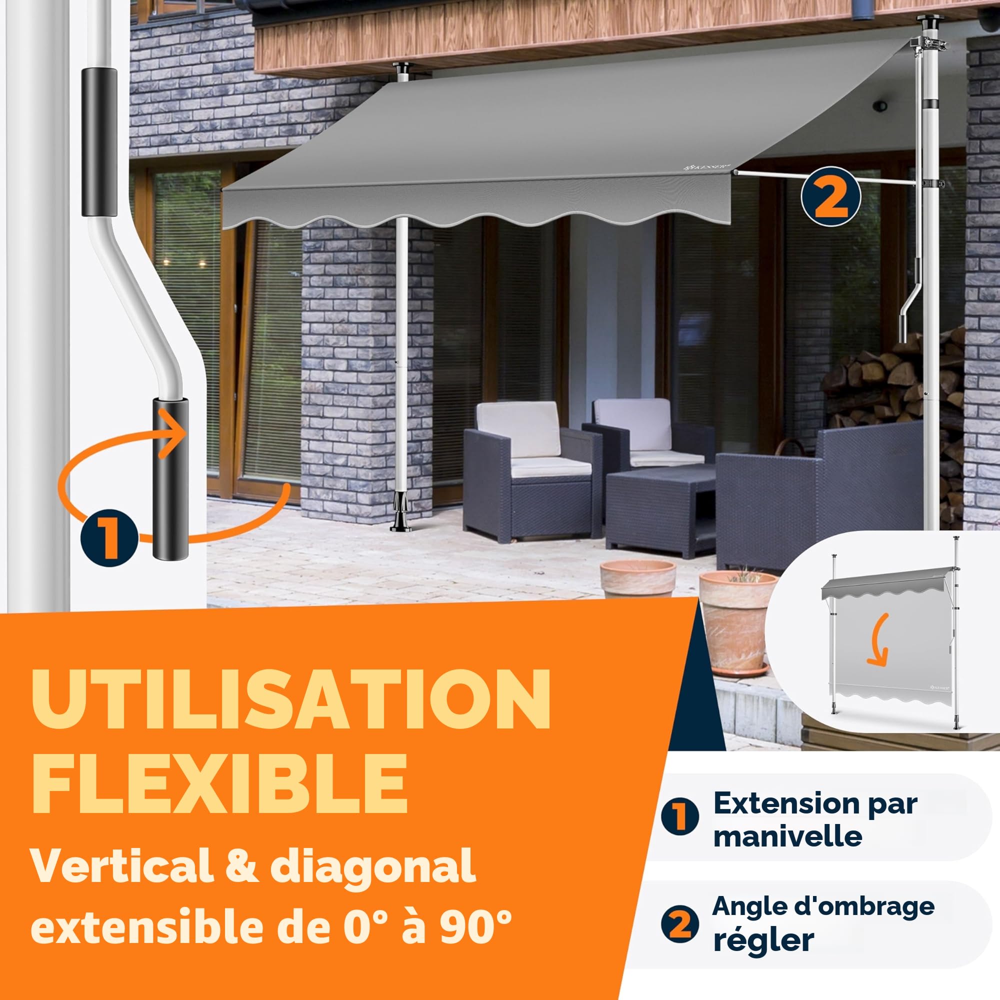 KESSER® Store banne avec manivelle pour Balcon | Store pour Balcon sans Trous à percer, résistant aux UV, réglable en Hauteur, Hydrofuge, protège du Soleil, Toit de terrasse (150cm, Gris)
