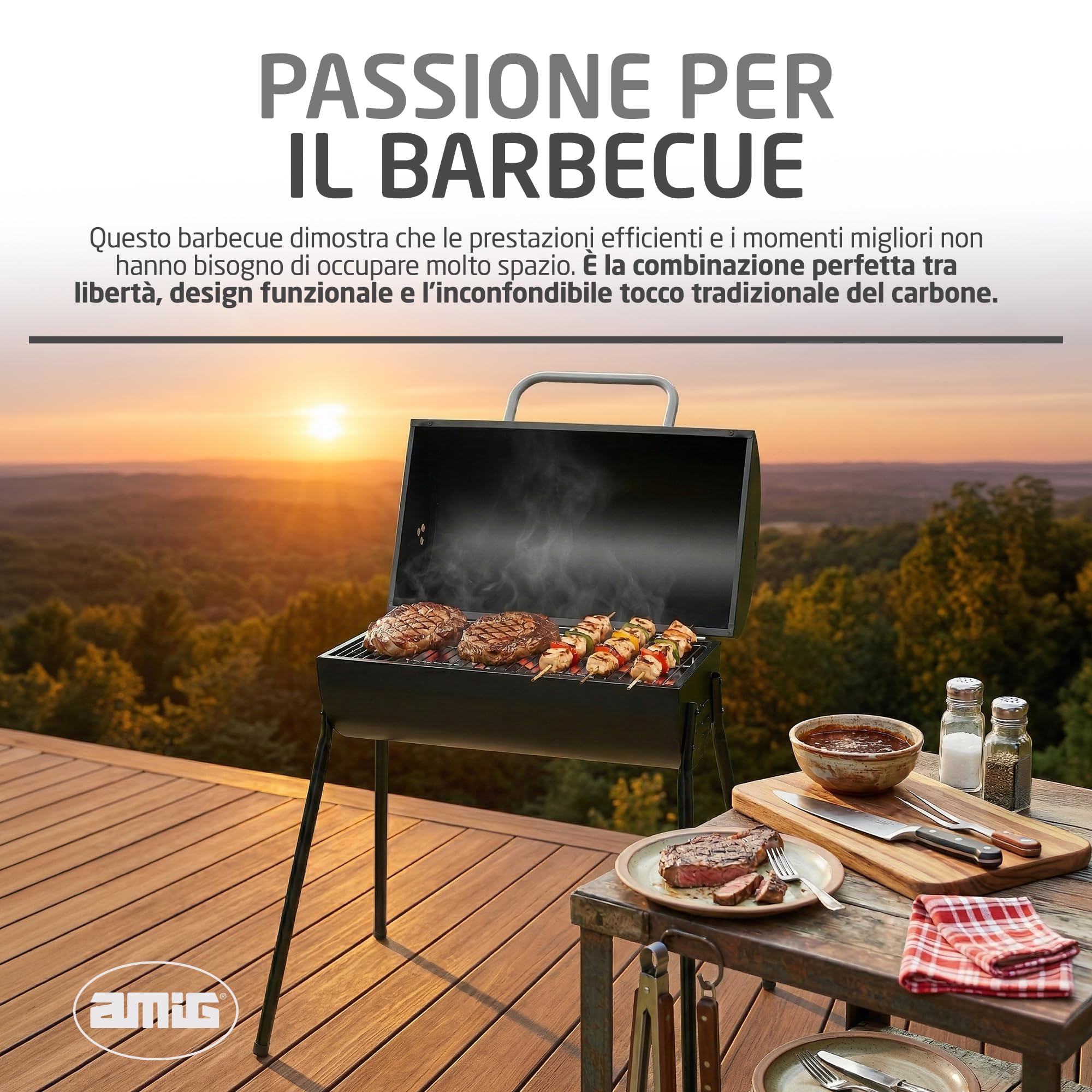 Amig - Barbecue a carbone - 83 x 58 x 84 cm - Nero - Realizzata in Acciaio - per giardino e patio con uso familiare e riunioni, montaggio semplice, pulizia comoda e qualità costante. Mod. KALDERA
