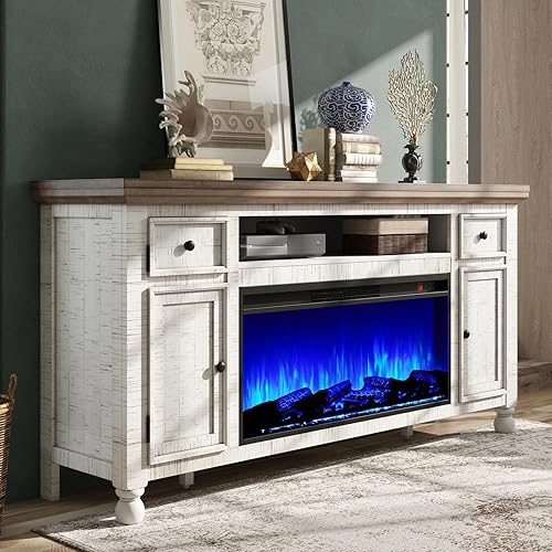 AMERLIFE 70” Solid Wood Fireplace TV Stand with 36” Electric Insert, Two Heat Settings (64°F & 82°F), 7 LED Flame Effects & Timer, Farmhouse Entertainment Center, Distressed White