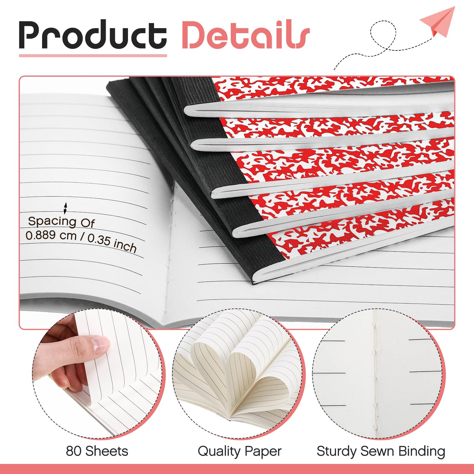 Fainne 20 quaderni a righe universitarie, 80 pagine, mezza misura, a righe larghe, 11,9 x 19,5 cm, spaziatura 28,9 cm, copertine primarie assortite (rosso)
