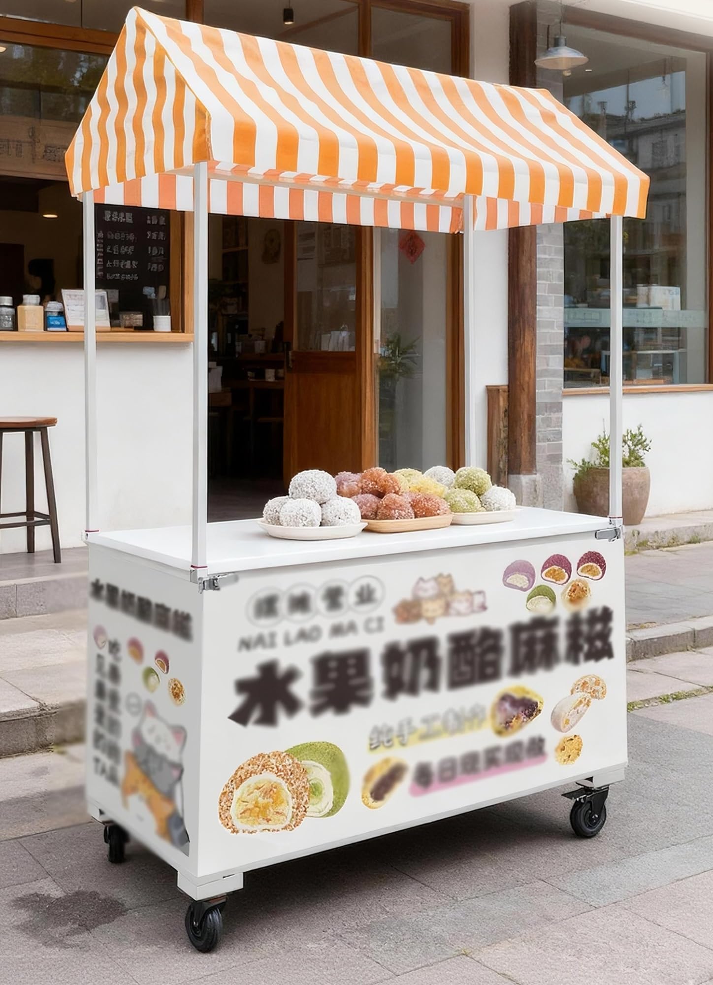 WLCGYD Heavy Duty Folding Vendor Stall Cart, 47 63 Inch Portable Street Vendor Food Carts with Striped Canopy & Wheels for Outdoor, Commercial Display Stand(Yellow,160cm/63in)