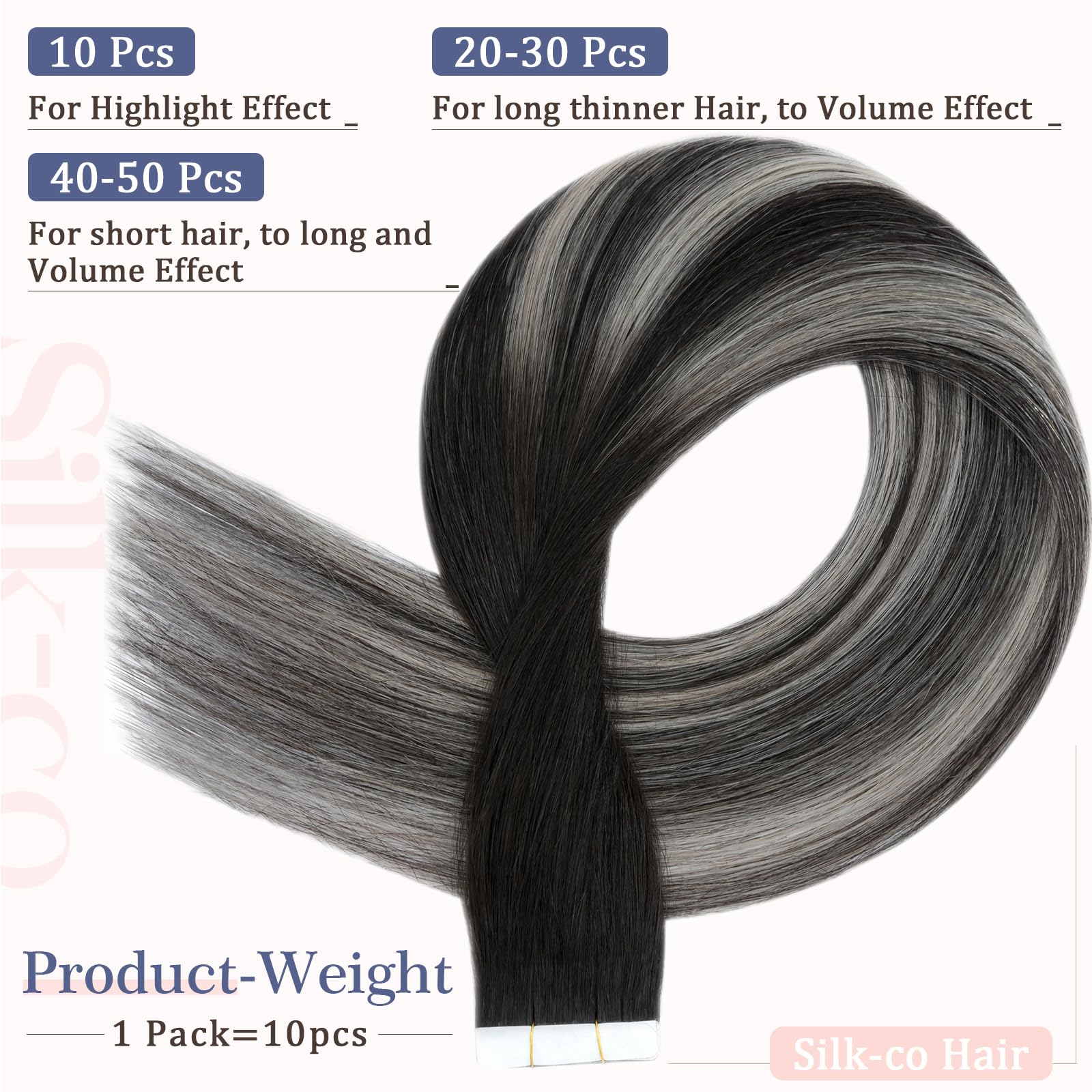 Silk-co Real Remy Tape in Straight Human Hair Extensions Balayage Seamless Tape on Hair Extension Straight Human Hair 12 Inch (10PC-20g)#1BT1BPGREY Natural Black Ombre Natural Black & Grey - Image 4