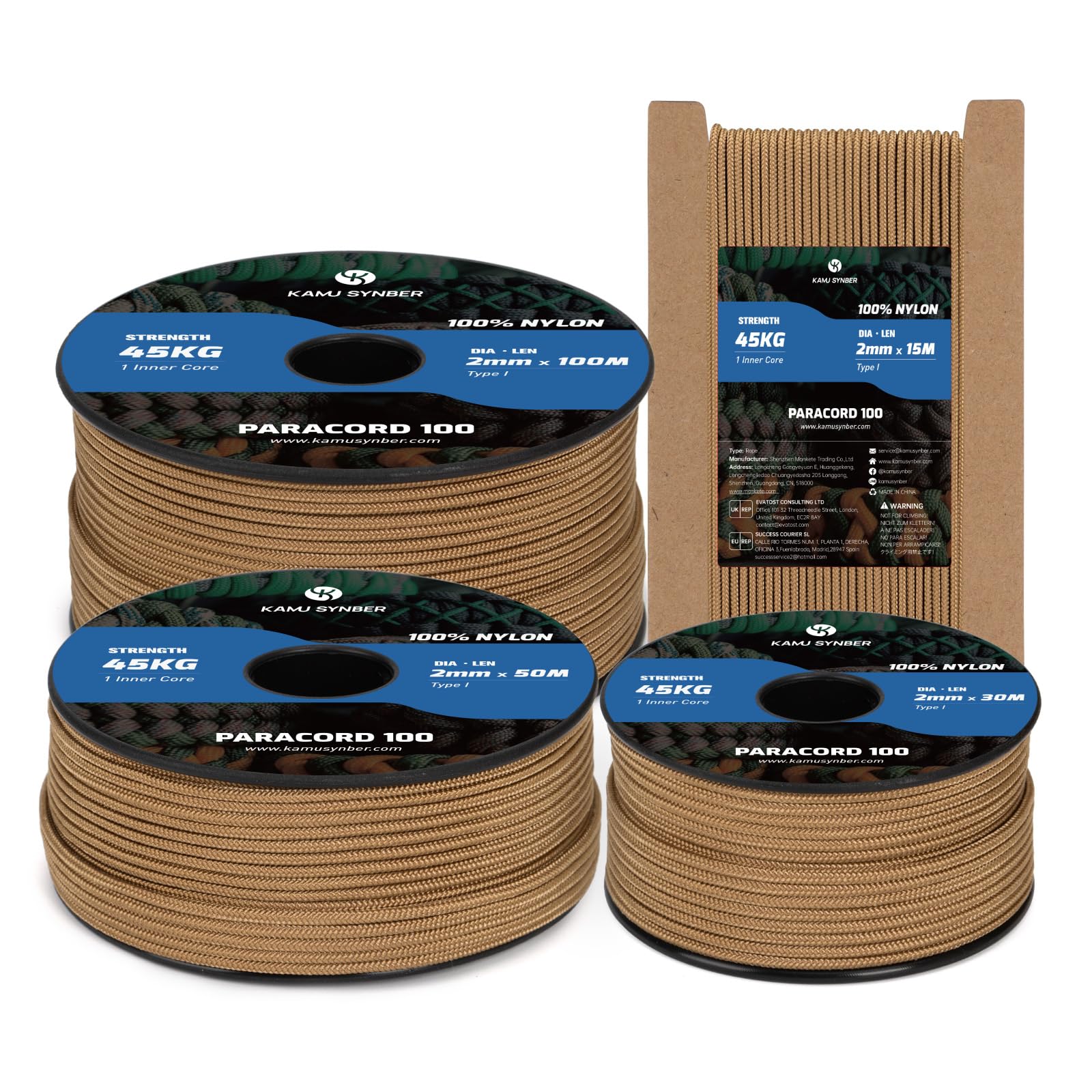 Kamu Synber 2mm Paracord 100M 100% Nylon Rope 1 Strand Type I Parachute Cord for Crafting, Outdoor, DIY, Camping | Support 45kg | Coyote Brown