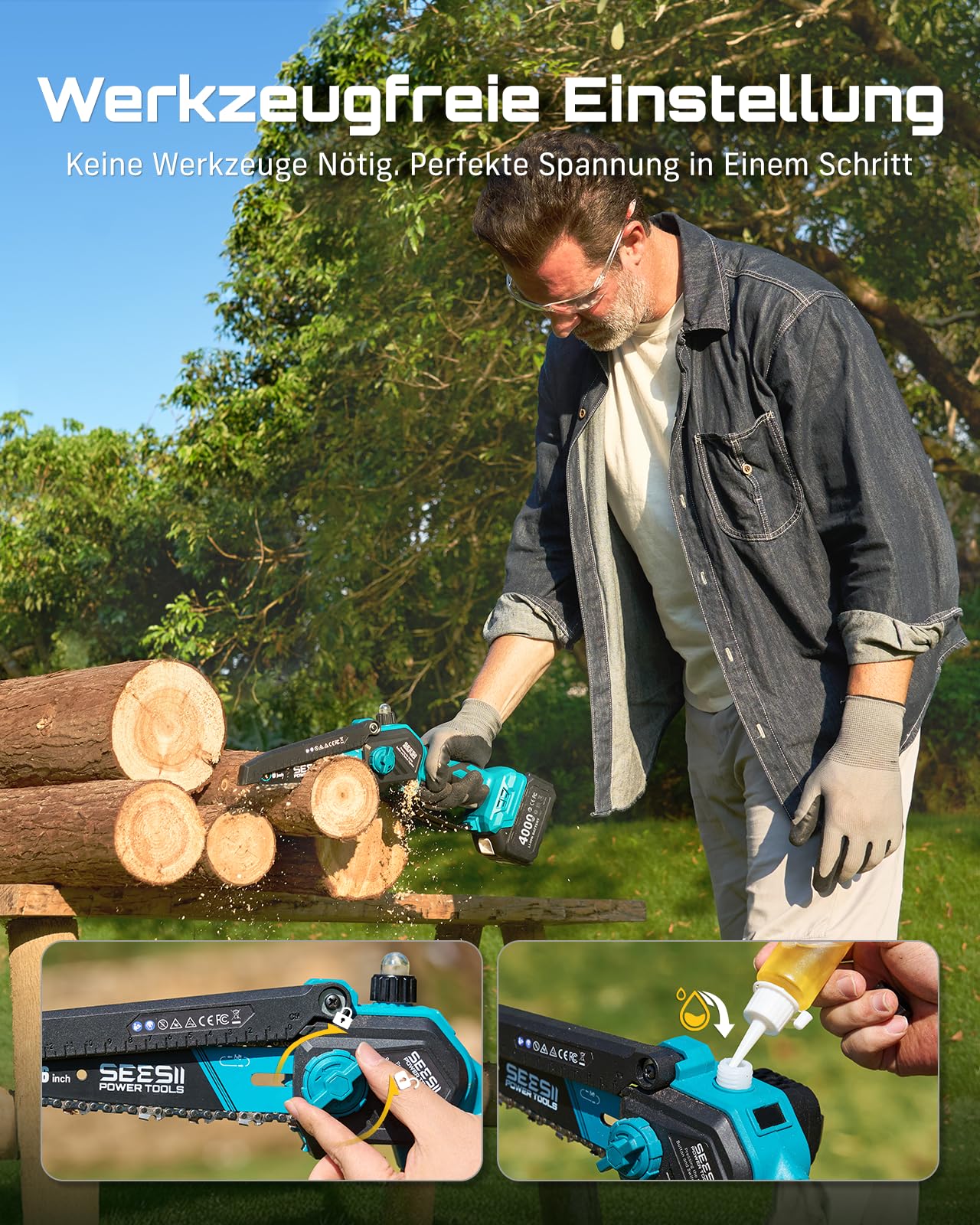 SEESII 2-in-1 Akku Hochentaster, 6-Zoll Bürstenlose Mini-Kettensäge mit 2 x 4000 mAh Batterien, 4.87m Reichweite, Kompatible mit Makita Akku 18V, für Baum Trimmen Ast Schneiden Gartengerät