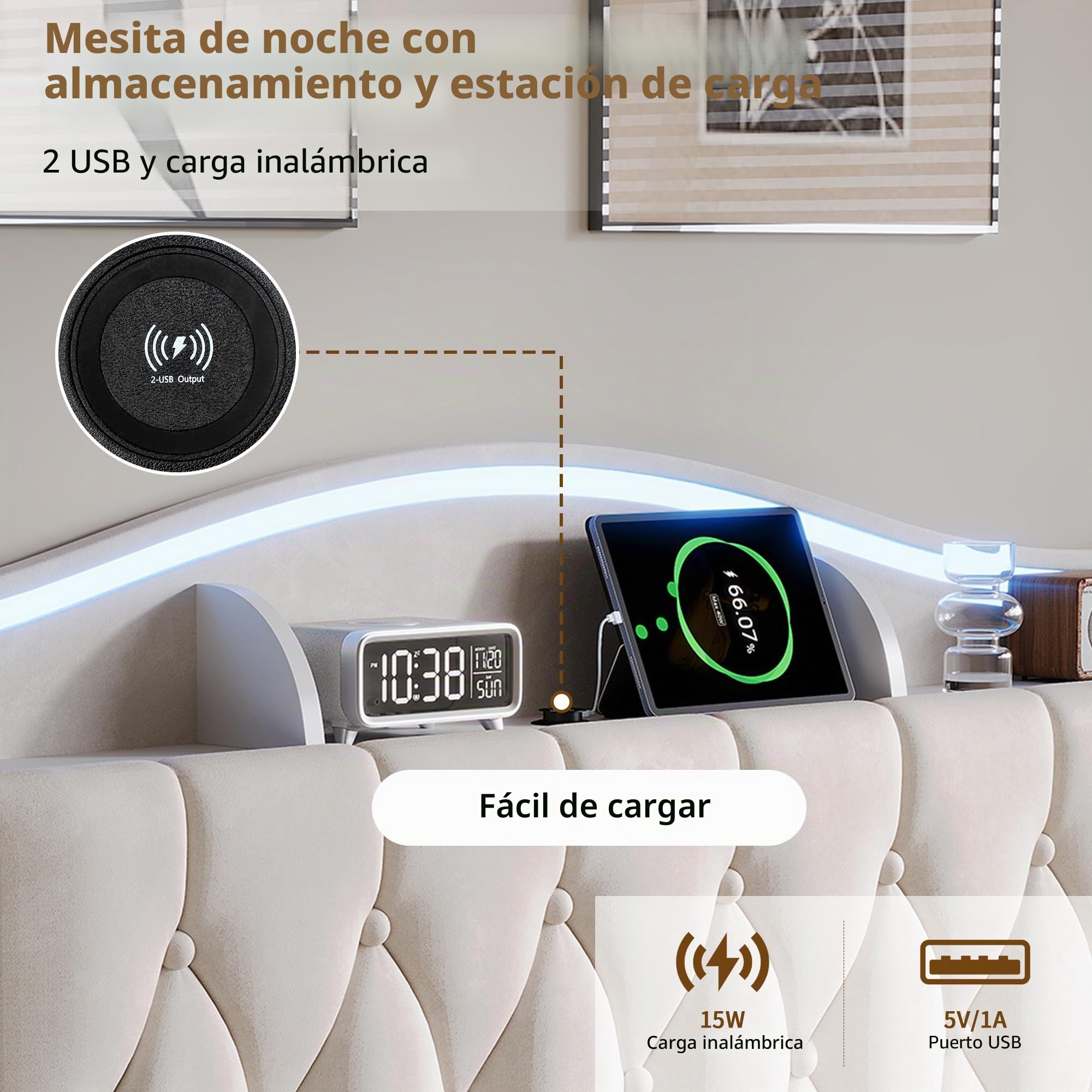 Cama de matrimonio de 160 x 190 cm con contenedor hidráulico, cama acolchada de terciopelo con LED RGB y USB/Type-C, cabecero con estantes de almacenamiento, estructura de cama con somier de láminas