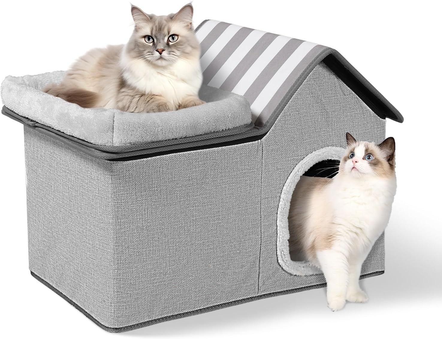 بيت قطط مع سرير، شقة داخلية كبيرة، سرير للحيوانات الاليفة 2 في 1 للقطط الداخلية، سرير قطط قابل للطي للقطط المتعددة، منزل قطط مغطى، رمادي