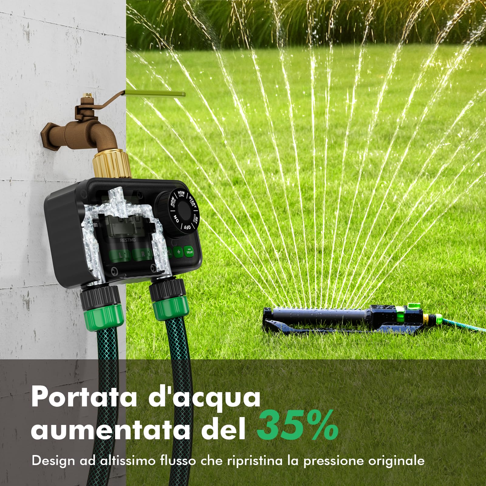 RESTMO Timer per Irrigazione a 2 Zona con Chip RF | Integrato per Accesso Remoto Opzionale, Automatico/Manuale/Ritardo Pioggia, Per Tubo da Giardino, Rubinetto Esterno